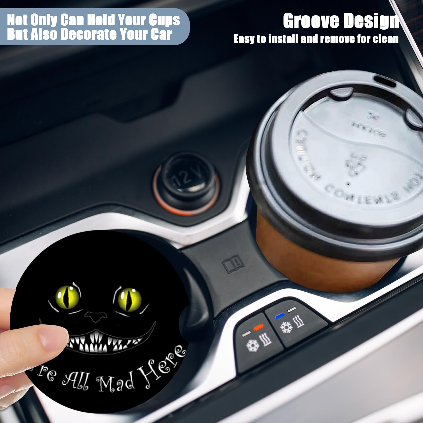 Car Cup Holder Coaster - Funny Black Cat Absorbent Ceramic Coaster, Car Coasters for Cup Holders, Auto Accessories for Women & M