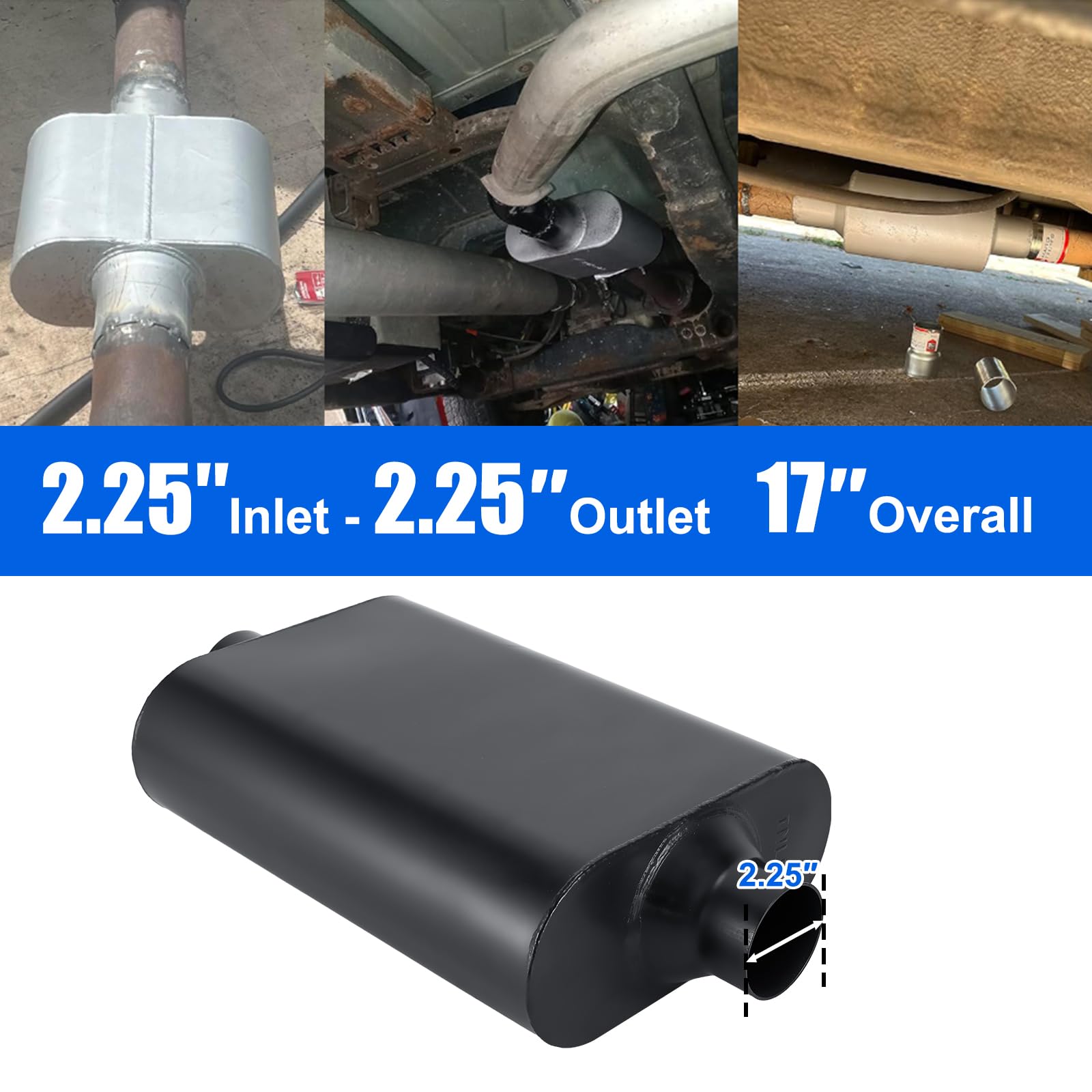 Floshine Universal Mufflers Dual Chamber 2.25'' Inlet (Id) 2.25'' Outlet (Id) Overall 17'' Performance Automotive Muffler Exhaus