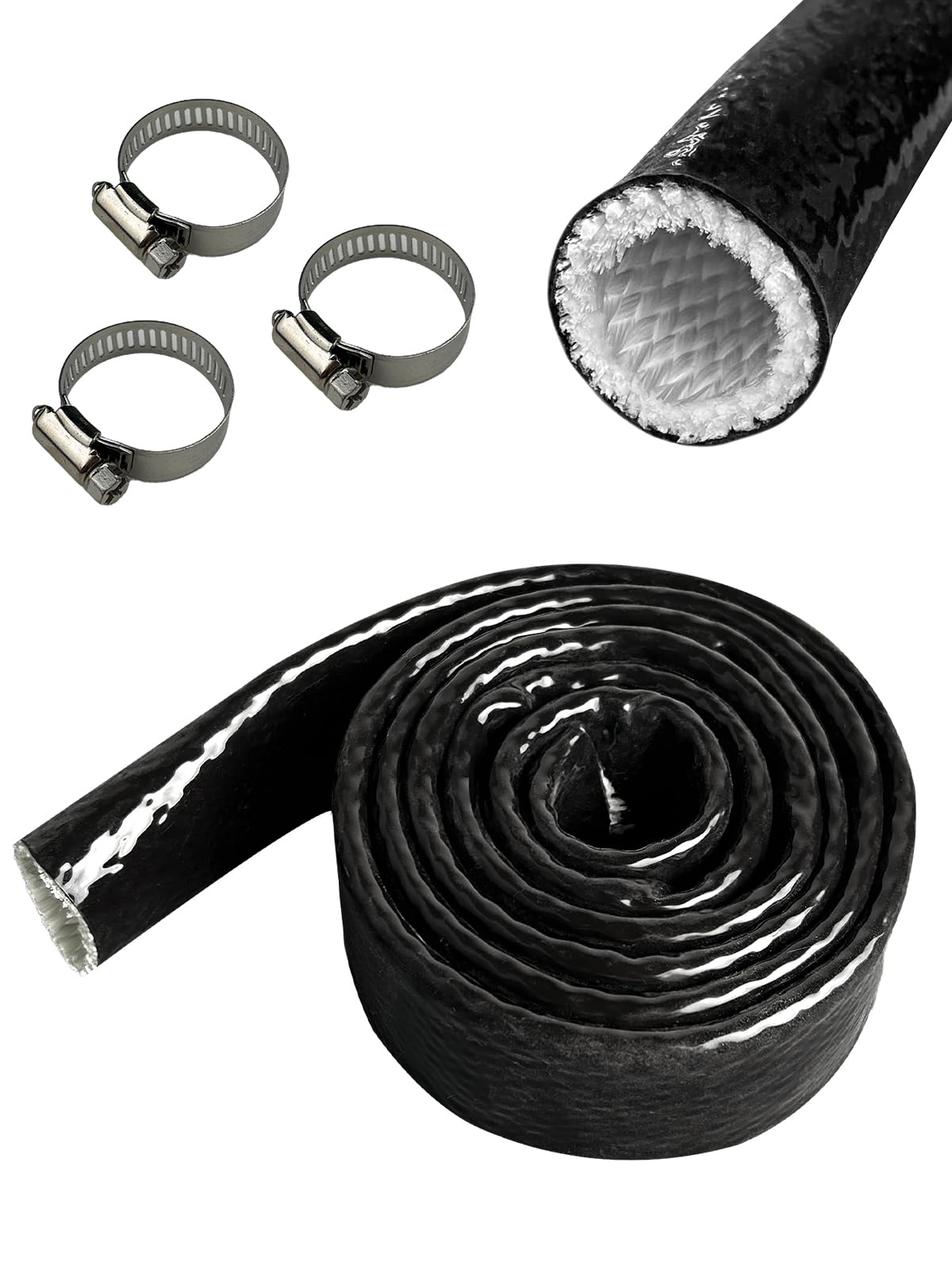 Yamakato 1/2'' Id Heat Shielded Fire Thermo Armor Fire Sleeve Silicone Coated Fiberglass Heat Protection W/ 3 Clamps For Automot
