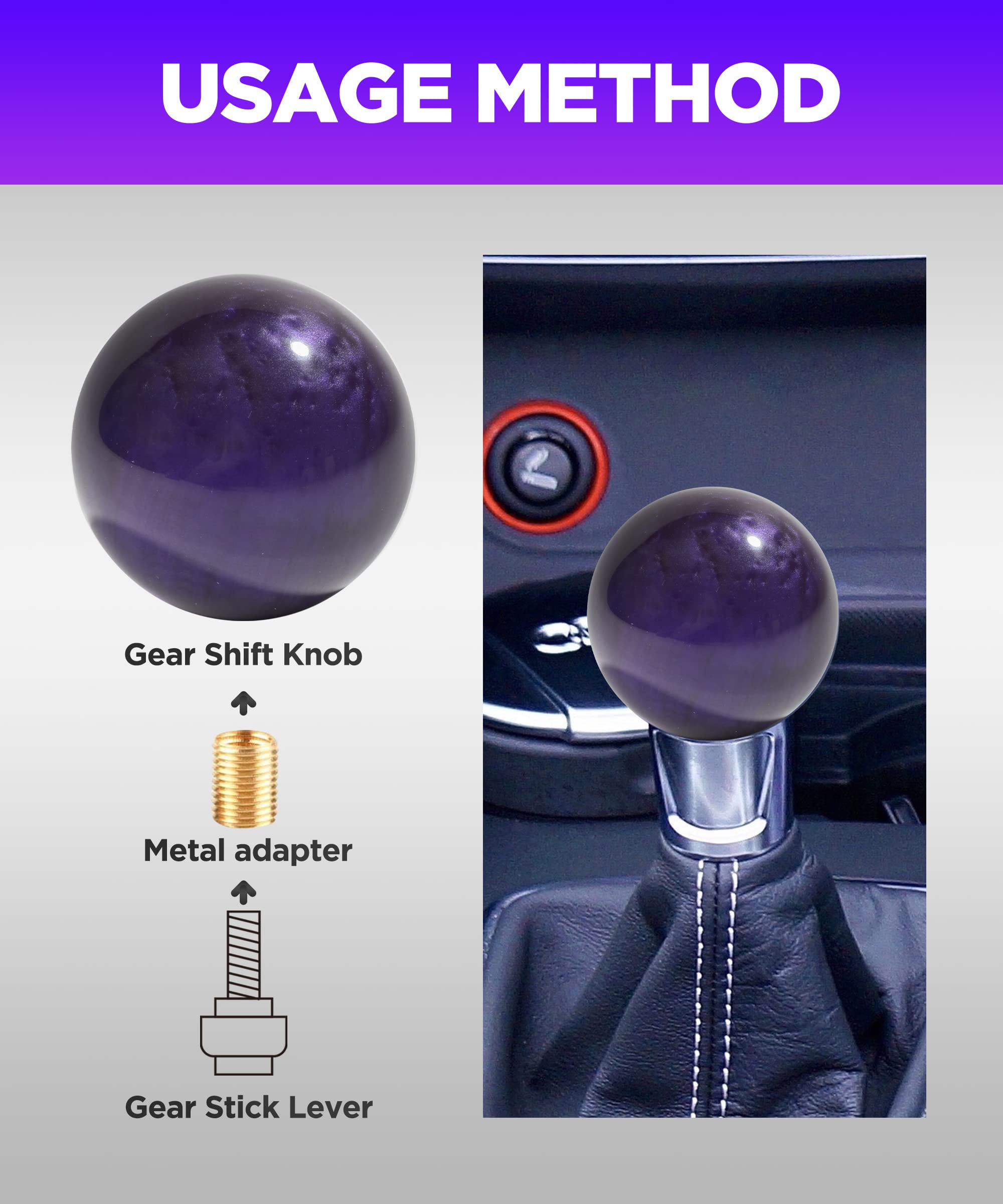 Reswish Round Acrylic Gear Shift, Universal Shifter Knob With 3 Adapters, Fit For Manual Car M 8 * 1.25, M 10 * 1.25, M 10 * 1.5