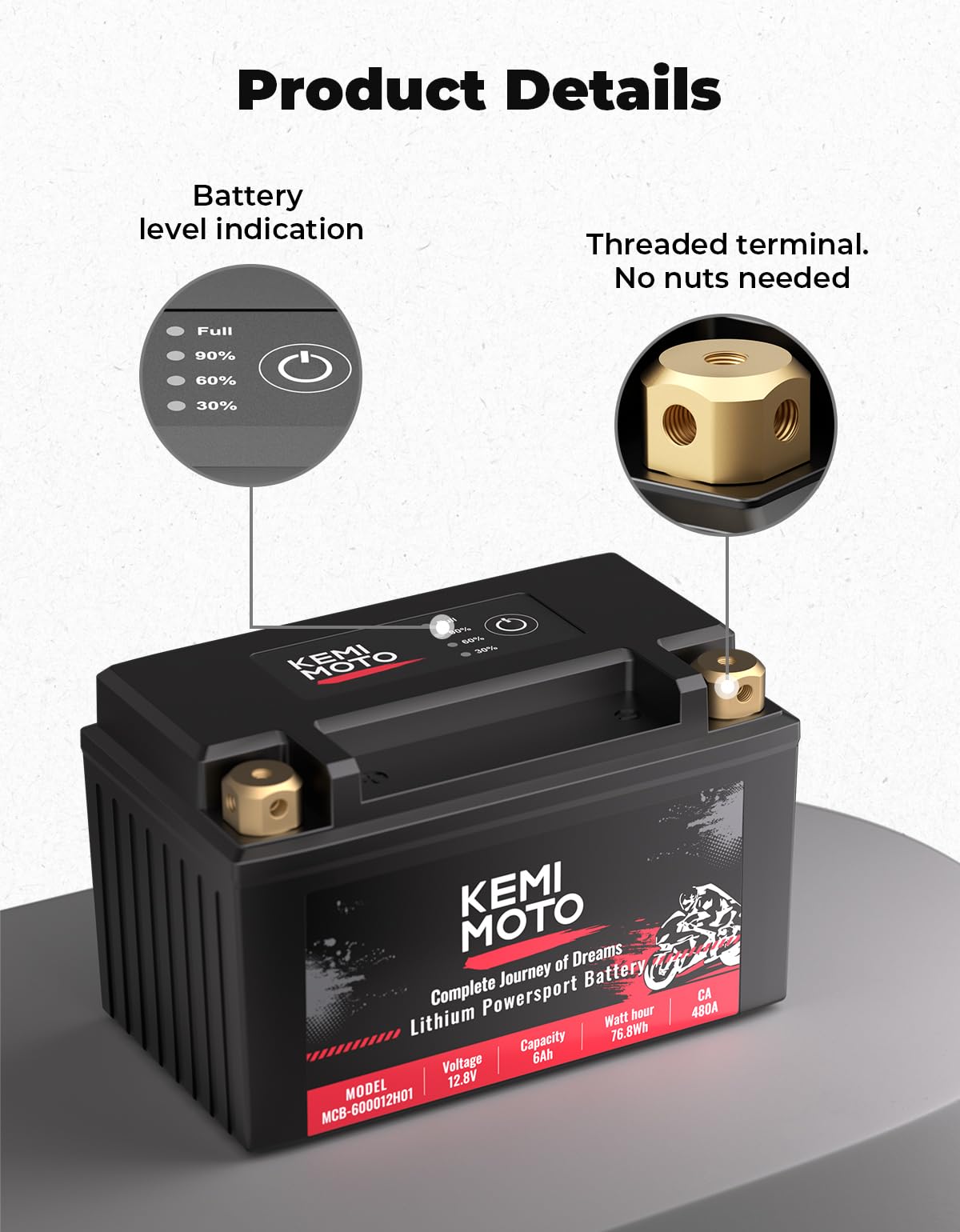 Kemimoto Lithium Motorcycle Battery Ytx14-Bs/Ytx9-Bs, Lifepo4 Lithium Battery 12V 6Ah, Pre-Charged Powersports Battery, With 5 U