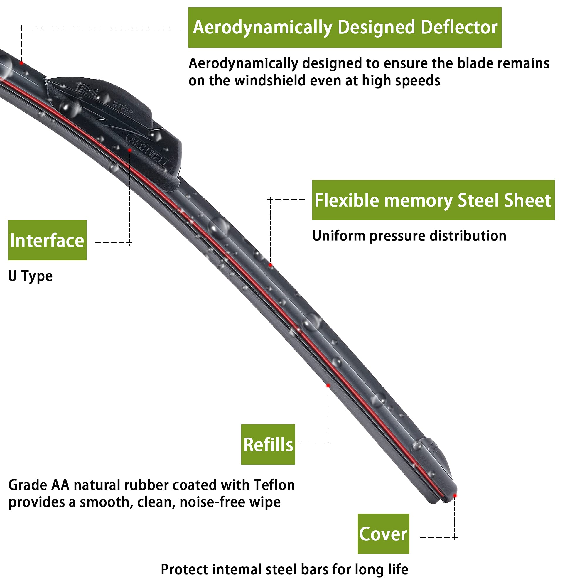 Aeciwell Windshield Wipers Oem Quality 26' + 19' Premium All-Season Wiper Blades Automotive Replacement Windshield Wiper Blades For U/J Hook (Set Of 2)…