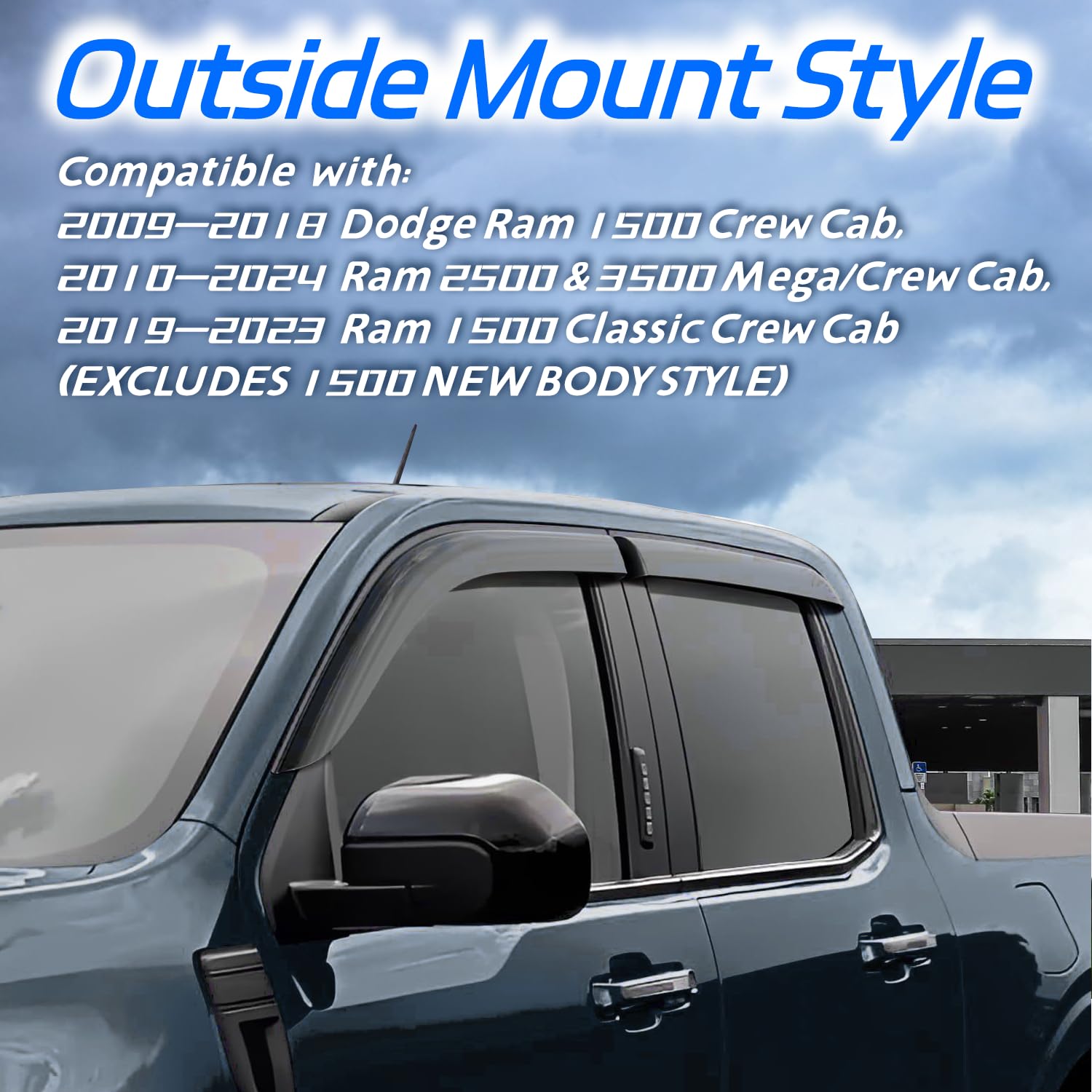Window Visors Rain Guards Fit For 2009-2018 Dodge Ram 1500 Crew Cab, 10-24 Ram 2500/3500 Crew Cab & Mega Cab, 19-23 Ram 1500 Cla