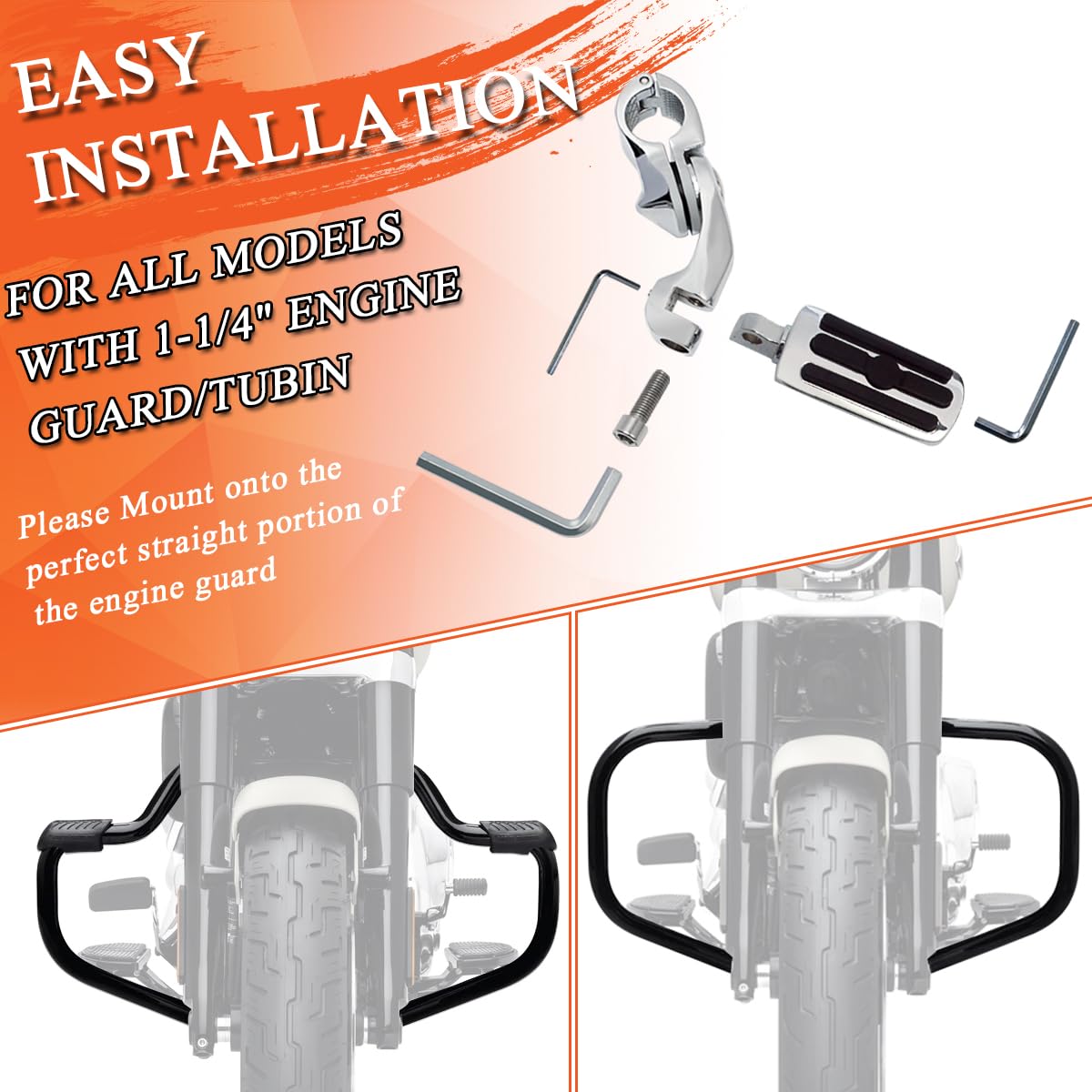 Fovplue 1.25' Highway Footpegs,Short Angled Adjustable Highway Pegs W/Mounts For Harley Touring Street Glide Electra Glide Road King Softail Cvo Dyna Trike Sportster W/1-1/4' Engine Guard,Chrome#1