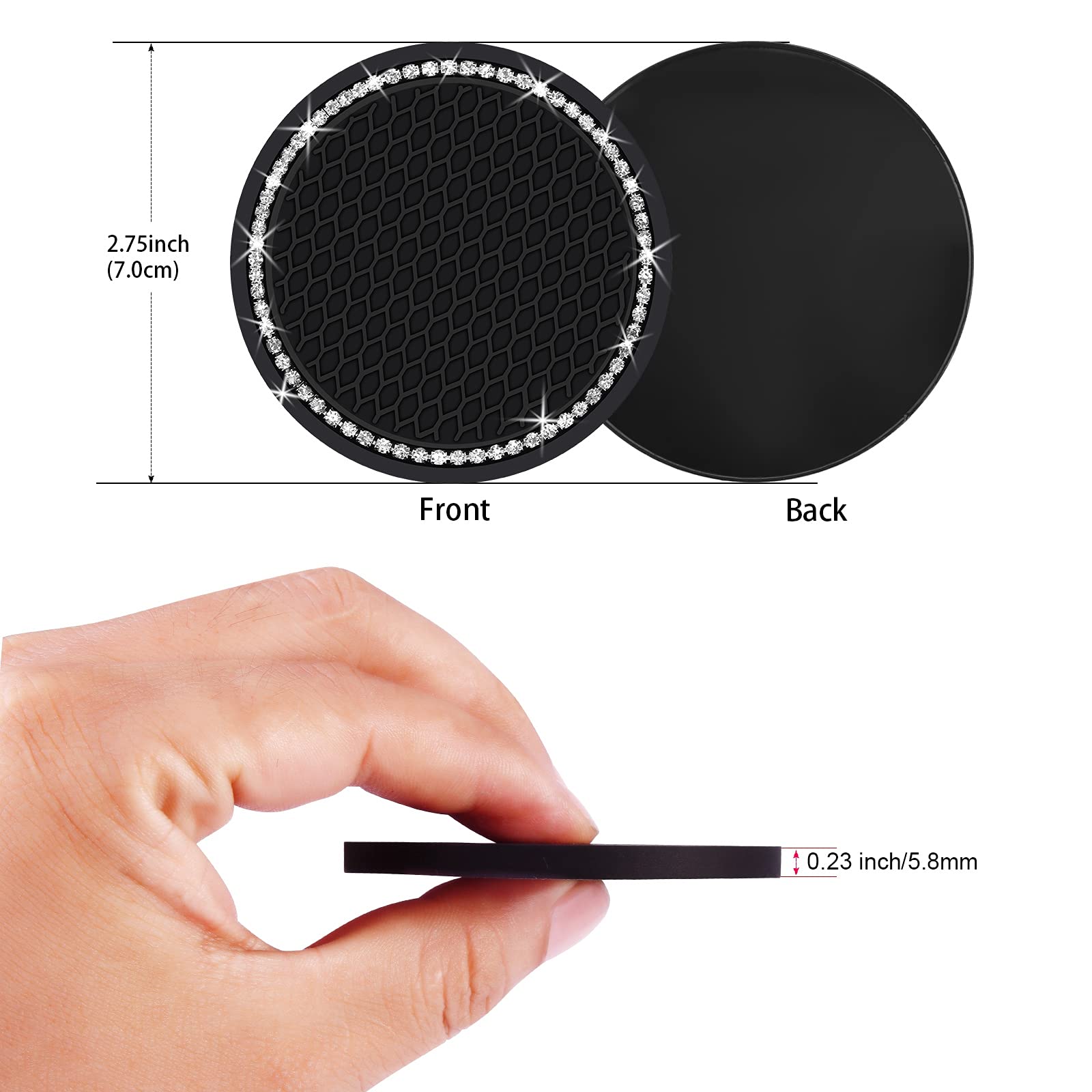 4Pcs 2.75 Inch Bling Auto Car Cup Holder Insert Coasters Silicone Anti-Slip Crystal Rhinestone Drink Car Cup Mat, Universal Vehi