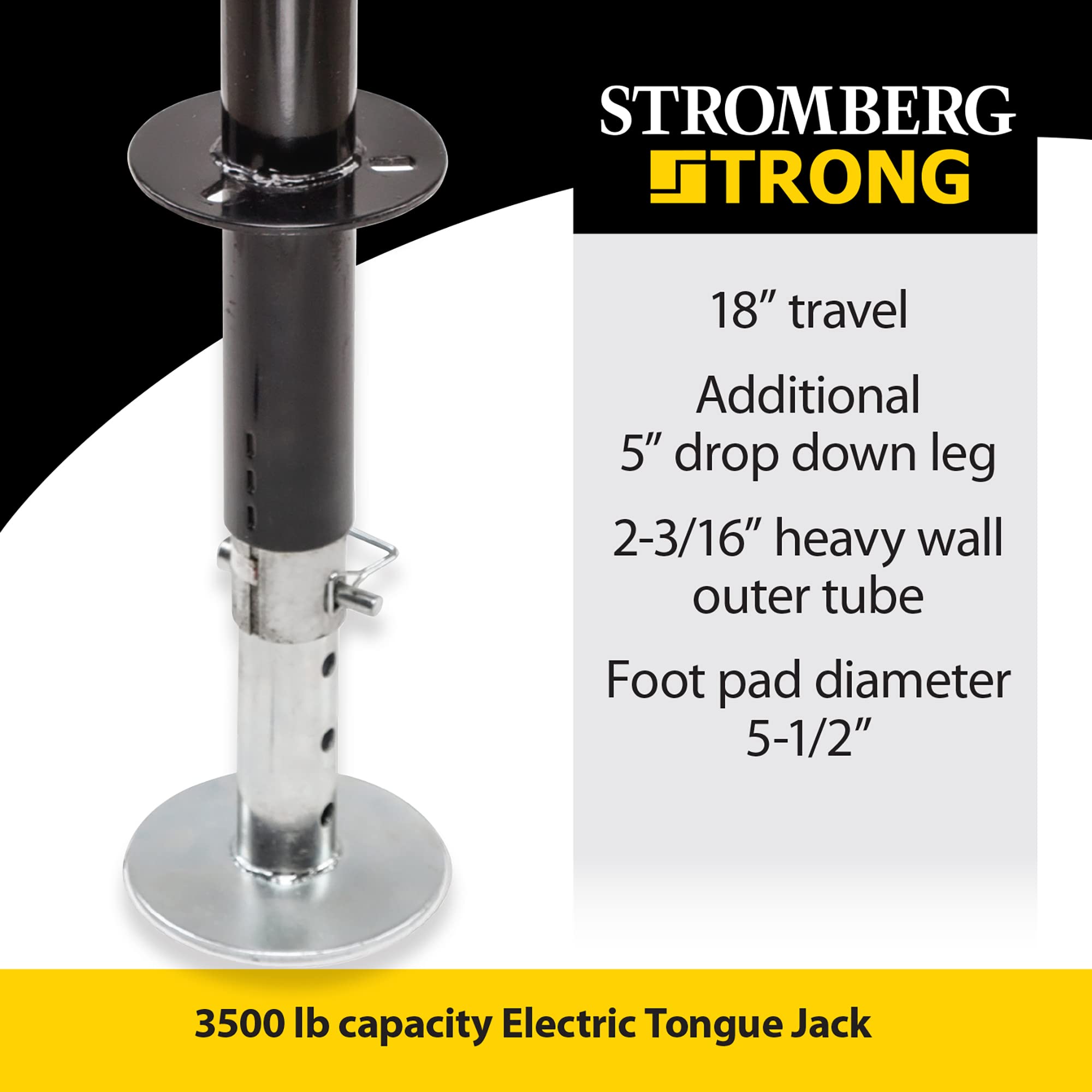 Stromberg Carlson Jet-3555 Electric Tongue Jack - Heavy Duty Jack With Motor Protection, 18 Travel & 5 Drop Down Leg, Stabilizing, Leveling & Lifting Rv, Camper, Utility Trailers, White, 3500 Lb
