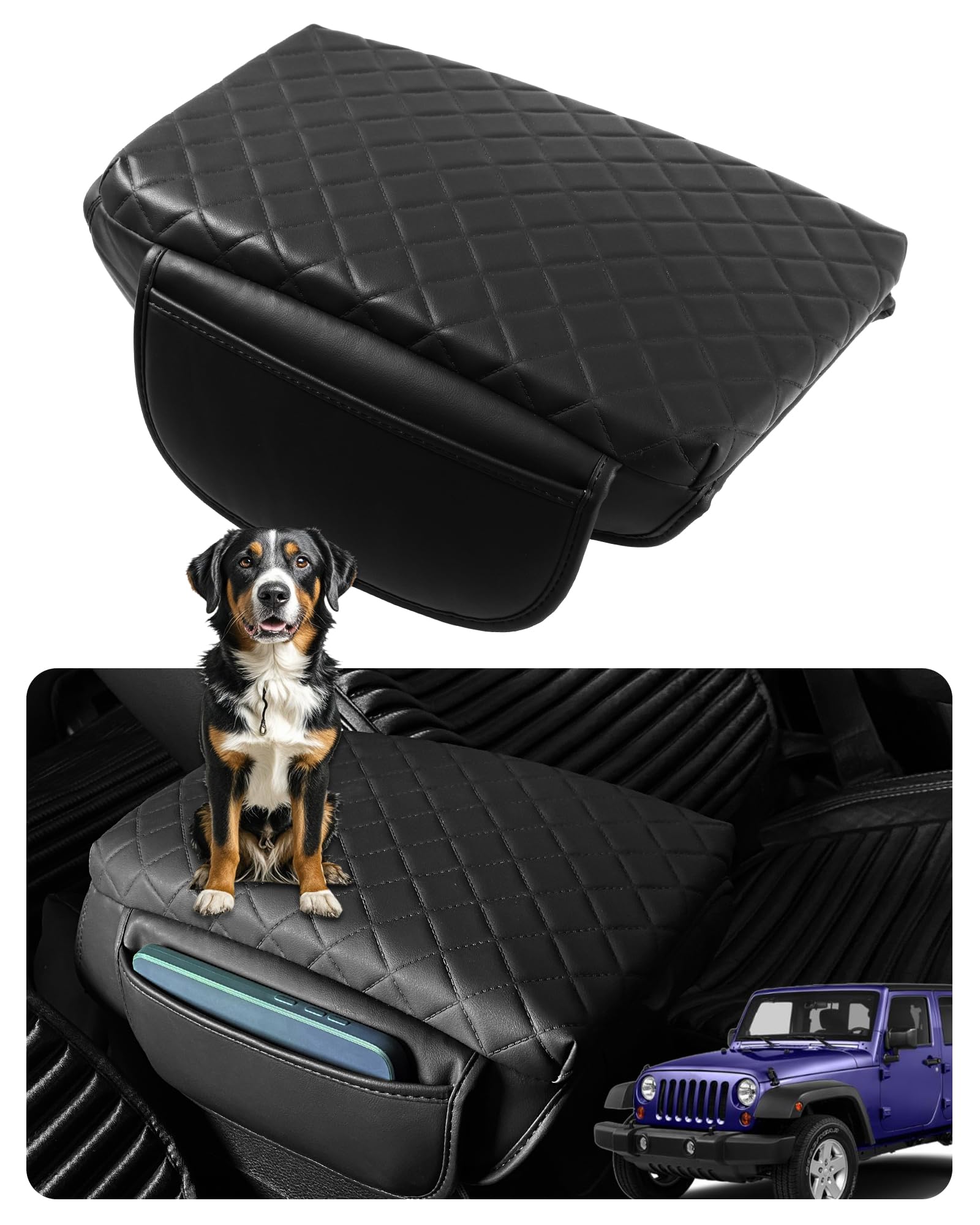SDPVorn Armrest Cover for Jeep Wrangler Center Console Pad with Organizer Storage Pockets, Black Faux Leather Arm Rest Lid Prote