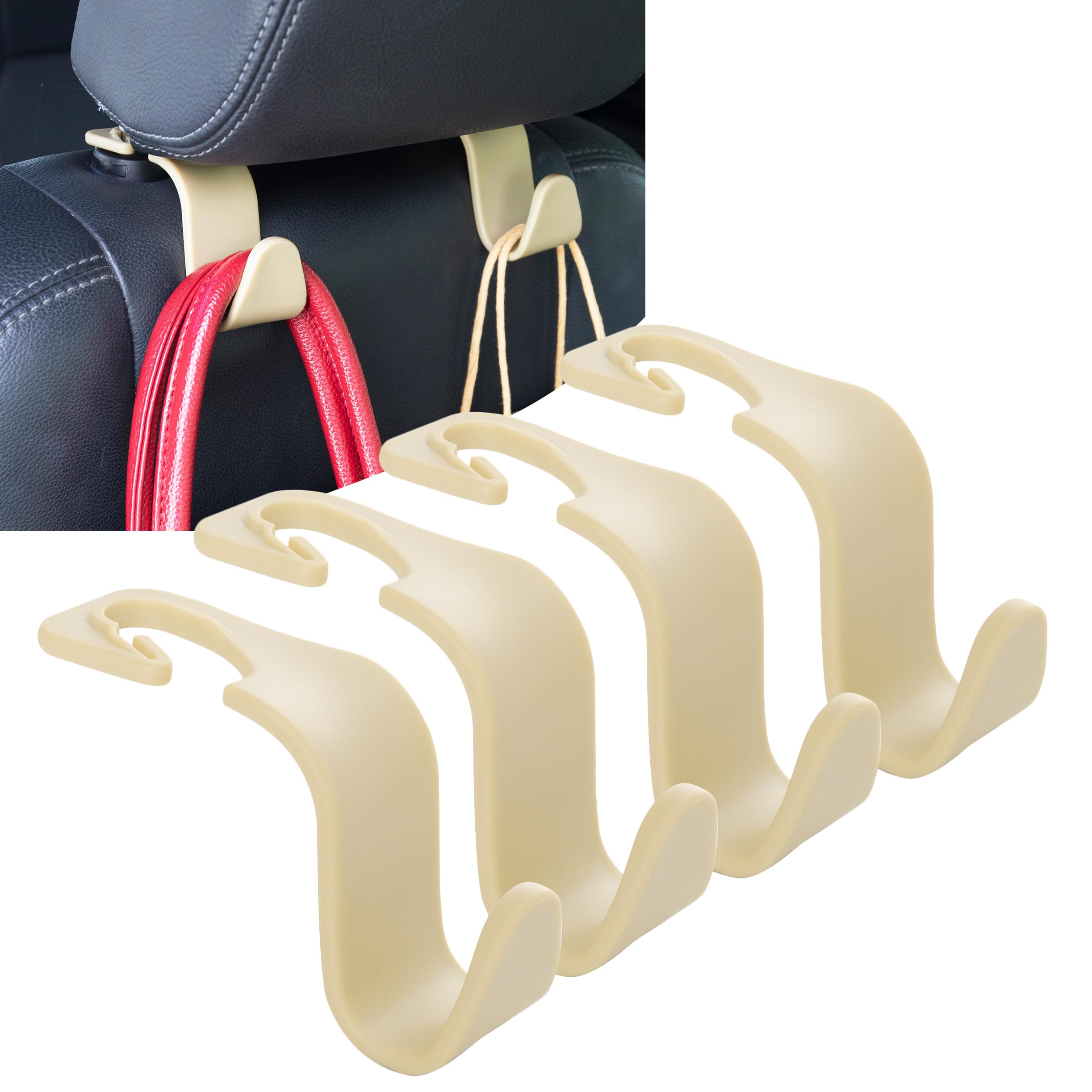Amooca Car Seat Headrest Hook 4 Pack Hanger Storage Organizer Universal for Handbag Purse Coat Universal fit Vehicle Car Beige w