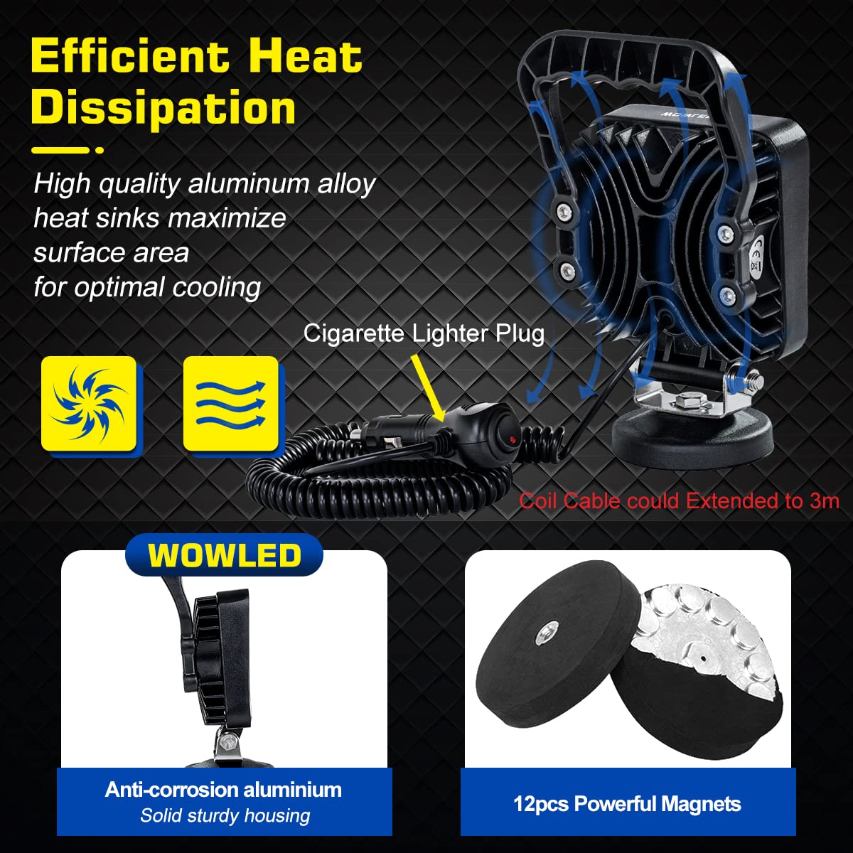 WOWLED 27W Portable LED Work Light Flood Lamp with Magnetic Base for Car, Off-Road, Truck, Boat, Tractor, Truck, Engineering Veh