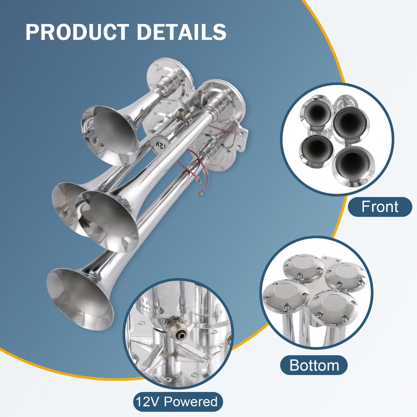 4 Trumpet Train Air Horn with 12V Electric Solenoid Universal 12 Volt Horns Loud 4 speakers ultra loud dB suitable for trucks SU