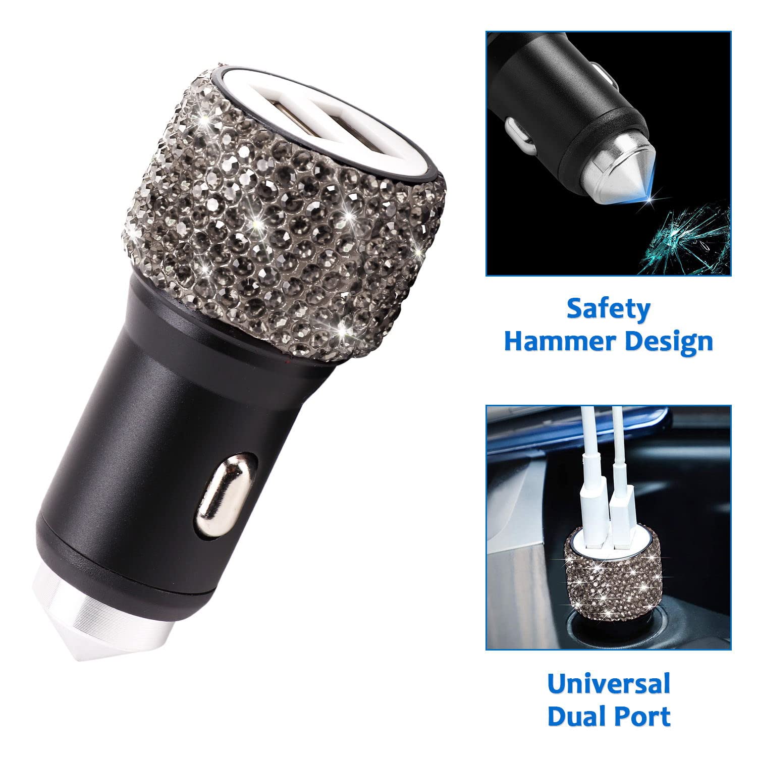 Tobequeen 15 Pack Grey Bling Car Accessories Set For Women Girl,Bling Car Coaster,Bling Head Rest Rings,Bling Car Charger,Bling Hooks For Hanging,Bling Tire Caps,Bling Push To Start Ring,Gray