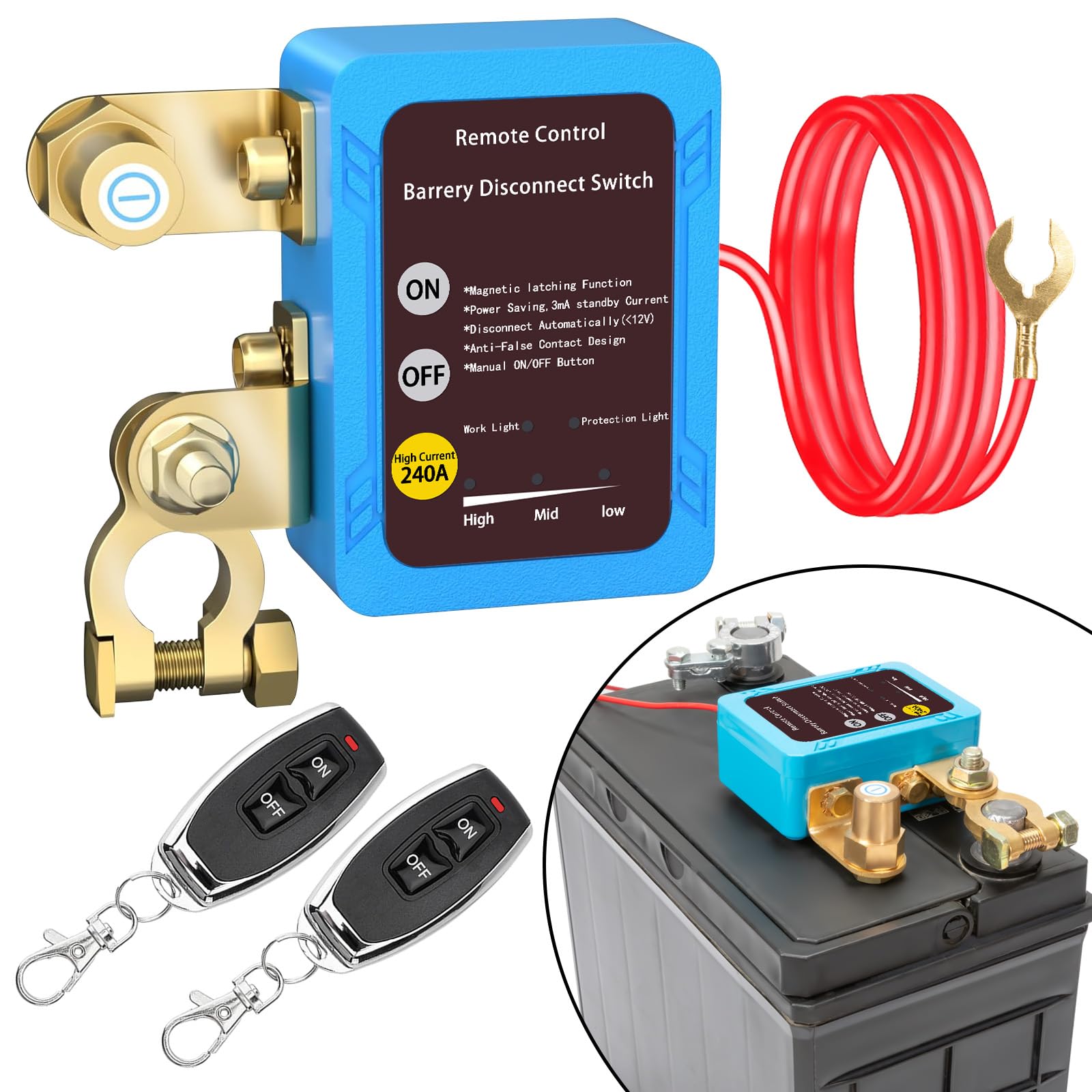 Remote Battery Disconnect Switch 12V, 240A, Upgrade Smart Voltage Kill Switch, Car Kill Switch Anti-Theft, Prevent Battery Drain