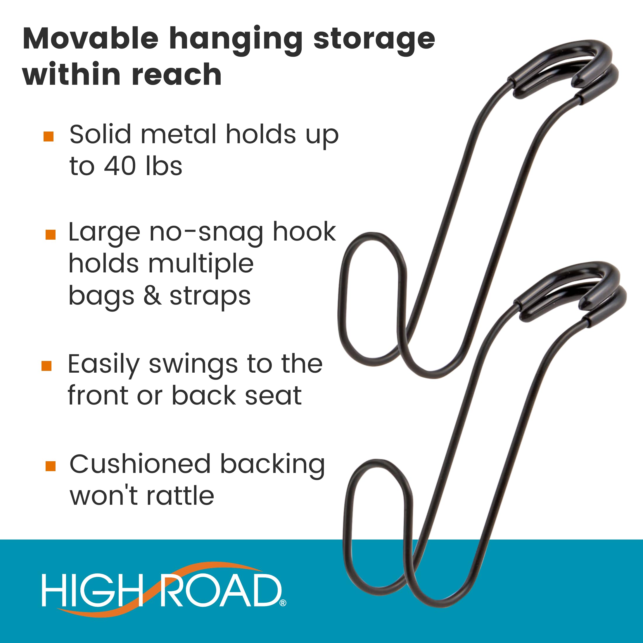 High Road Unbreakable Car Bag Hooks - Large Car Seat Hooks For Purse, Backpack, Coats, Hats And Heavy Bags Up To 40 Lbs - Secure