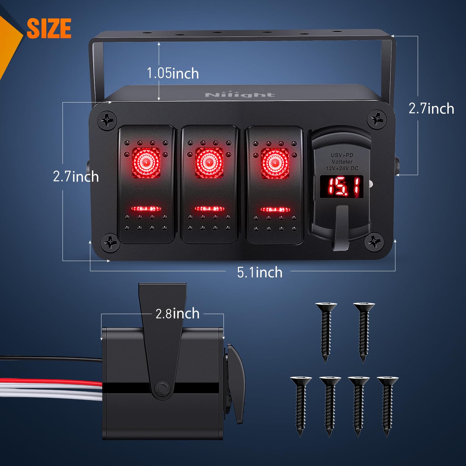 Nilight 3 Gang Rocker Switch Box 12V Spst On Off Toggle Switches Pd Type C And Qc 3.0 Usb Charger Voltmeter Led Light Waterproof