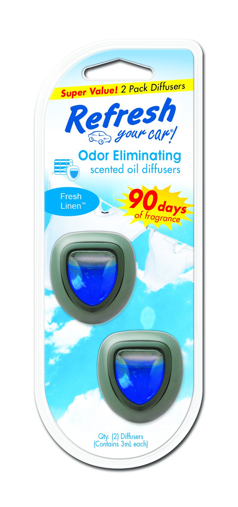 Car Air Freshener, Odor Eliminator, Set Of 2 Mini Car Oil Diffusers, Fresh Linen Scent, Refresh Your Car