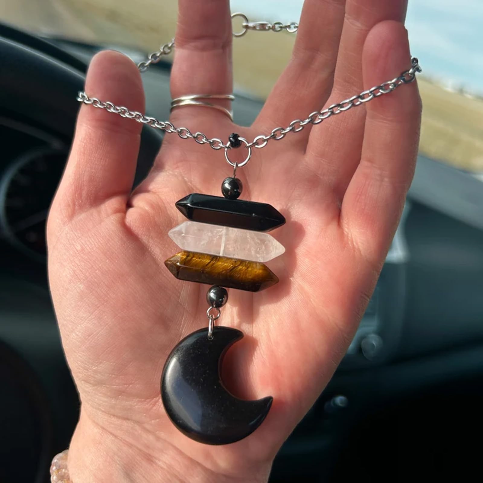 YTYAB Moon Crystal Hanging Car Charm - Boho Black Obsidian & Tiger Eye Sun Catcher for Rear View Mirror, Healing Stones Decor, One Size