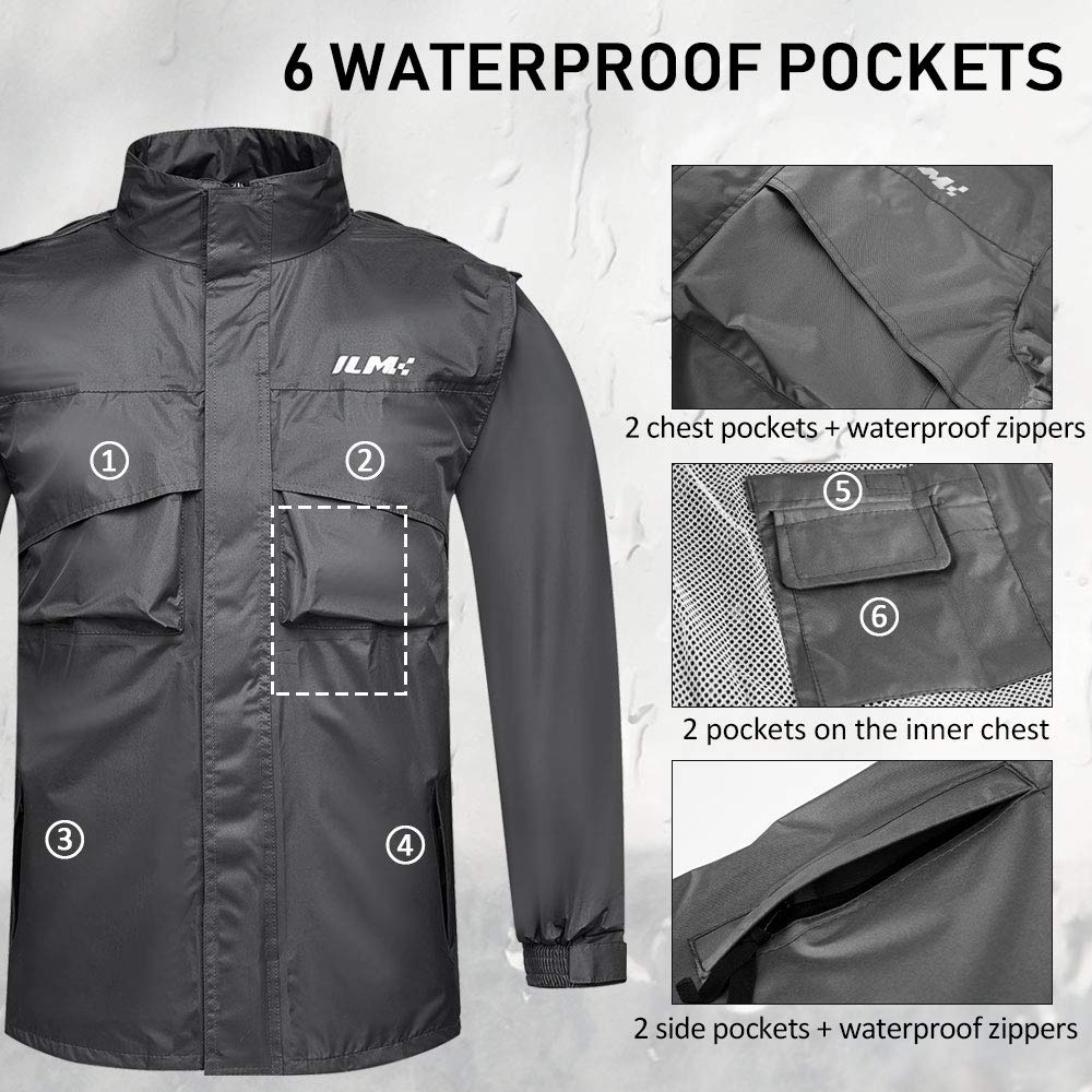 Ilm Motorcycle Rain Suit Waterproof Wear Resistant 6 Pockets 2 Piece Set With Jacket And Pants Fits Men (Men'S Small, Gray)