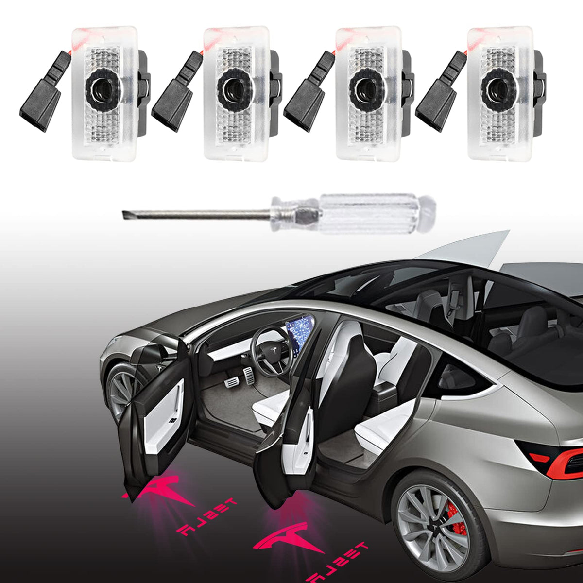 4Pcs Red Tesla Puddle Lights Car Door Logo Projector Lights For Model 3/Y/S/X Accessories, Ultra-Bright Never Fade Welcome Courtesy Step Lights With Tool, Plug & Play
