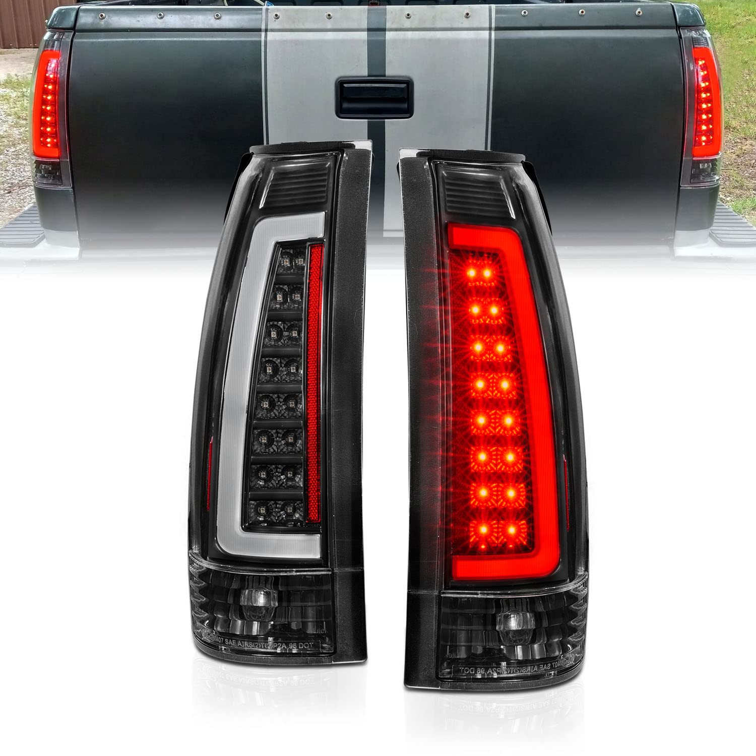 AmeriLite C-Type LED Tail Lights Set for 1988-1999 Chevy GMC Trucks, Clear Matte Black, Passenger & Driver Side
