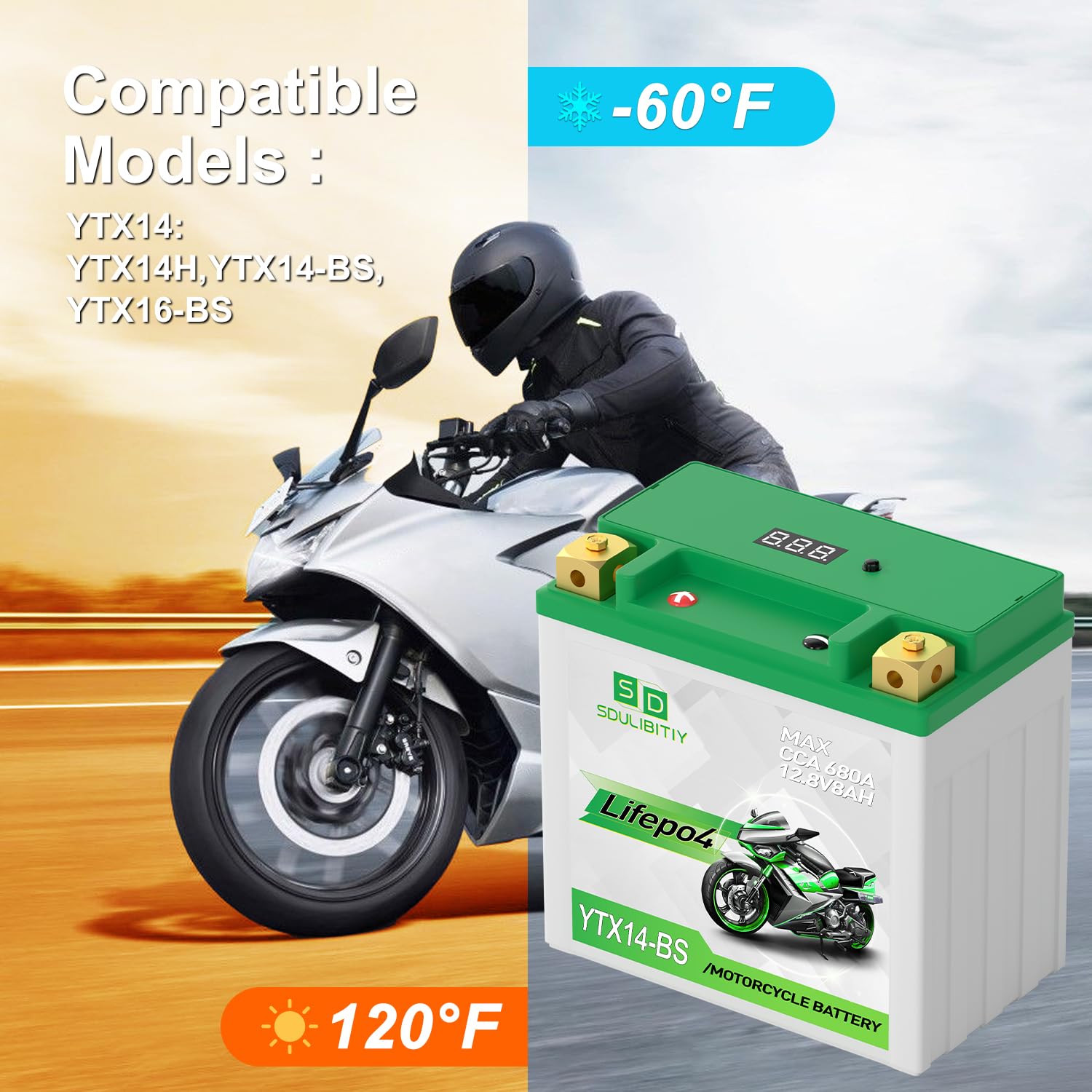 Lithium Motorcycle Battery LiFePO4 YTX14-BS 12.8V 8Ah 680CCA Powersports Battery For Motorcycle, Compatible ATV, UTV, Jet Ski,Ge