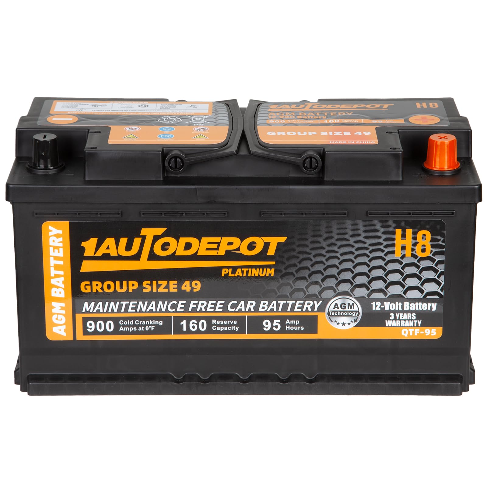 1Autodepot Bci Group 49 Car Battery, 12V 95Ah Size H8 Automotive Battery Premium Maintenance Free Agm Batteries, 900Cca, 160Rc