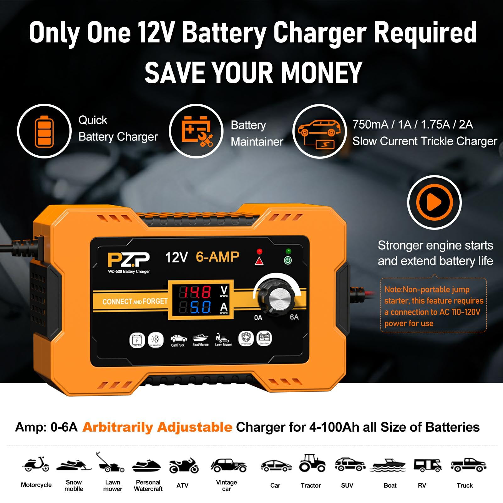 Pz.P 12V Automatic Car Battery Charger, 0-6A Arbitrarily Adjustable Smart Trickle Charger, Auto Desulfator With Battery Repair,