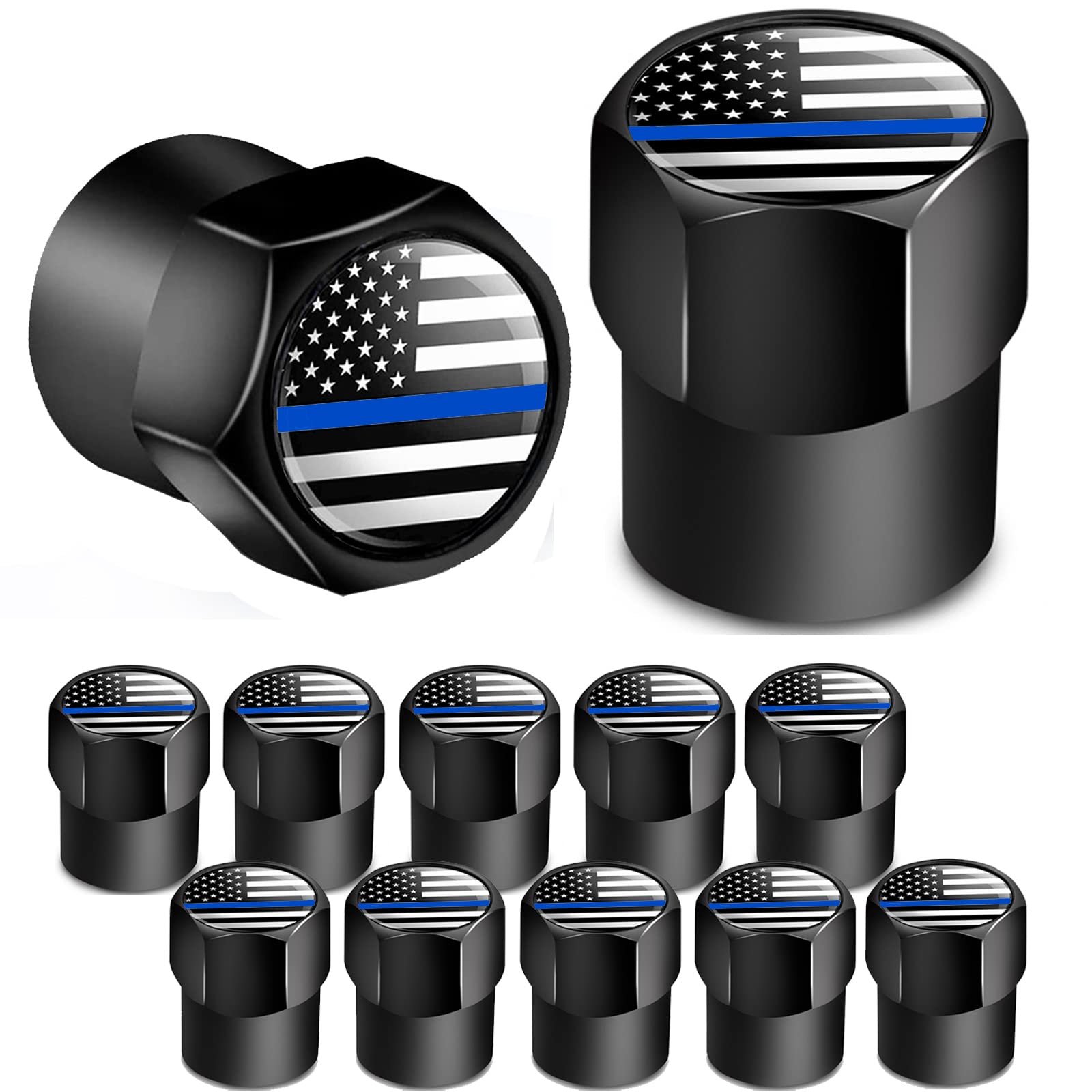 Dsycar 12 Pack Tire Stem Valve Caps Black, Thin Blue Line American Flag Hexagon Shape Design, Premium Metal Aluminum Rubber Seal