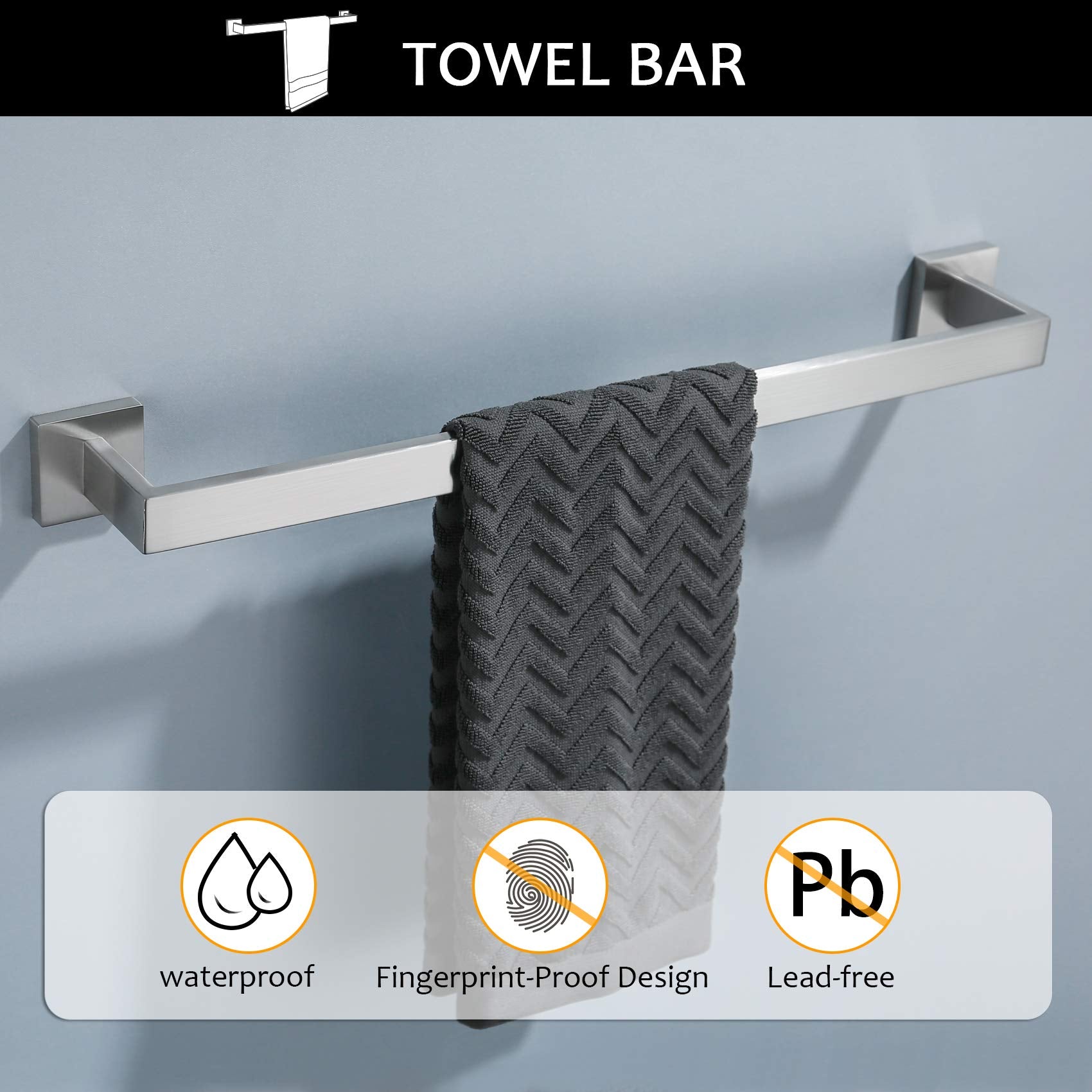 TNOMS 5-Piece Bathroom Towel Bar Set, Brushed Nickel, Stainless Steel, Wall Mounted, Modern Design, 23.6-Inch