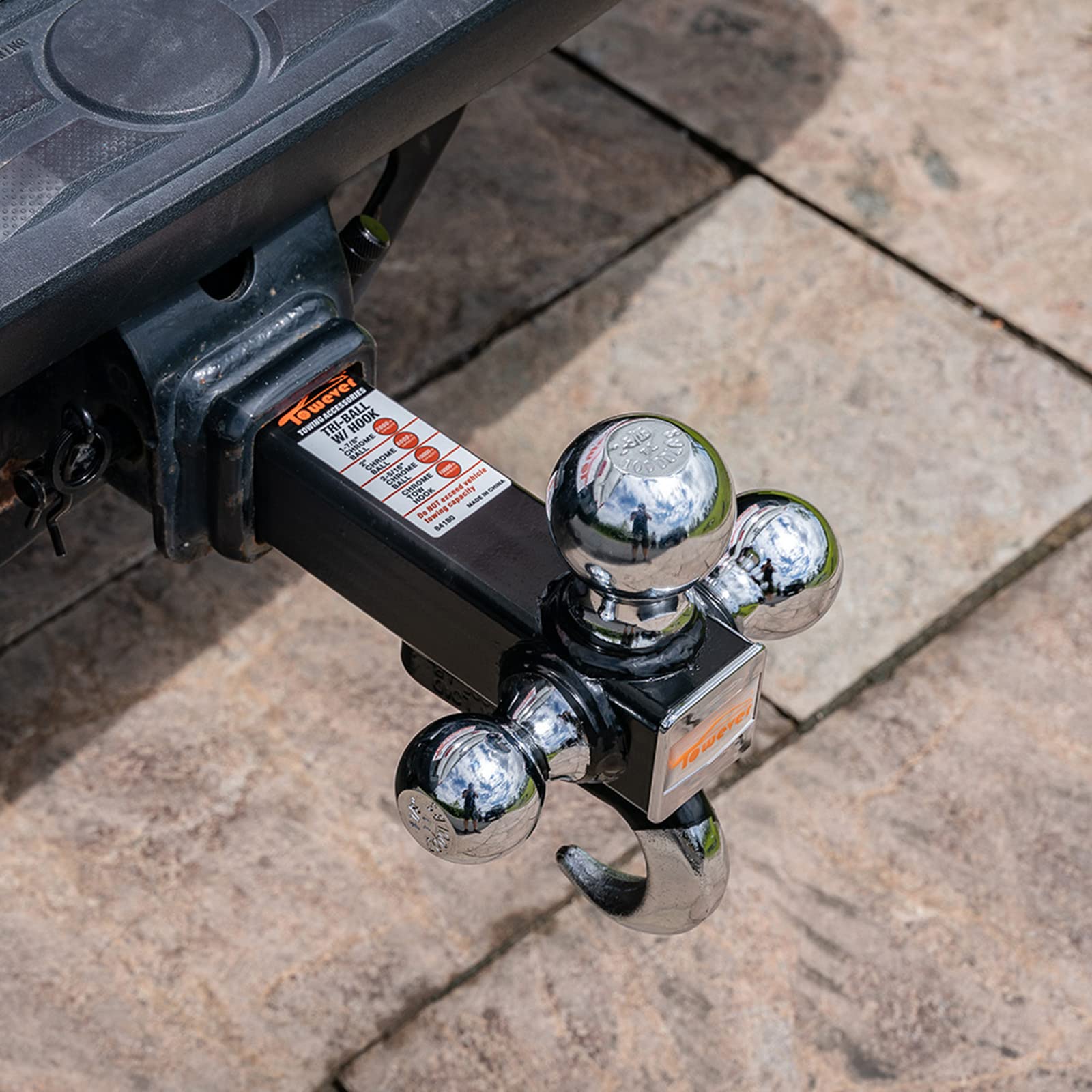 Towever 84180 Towever Trailer Hitch Tri Ball Mount With Hook, 3 Ball Hitch Fit For Towing Hitch 2 Inch Receiver (Hollow Shank Tow Hitch, Black&Chrome) Towever