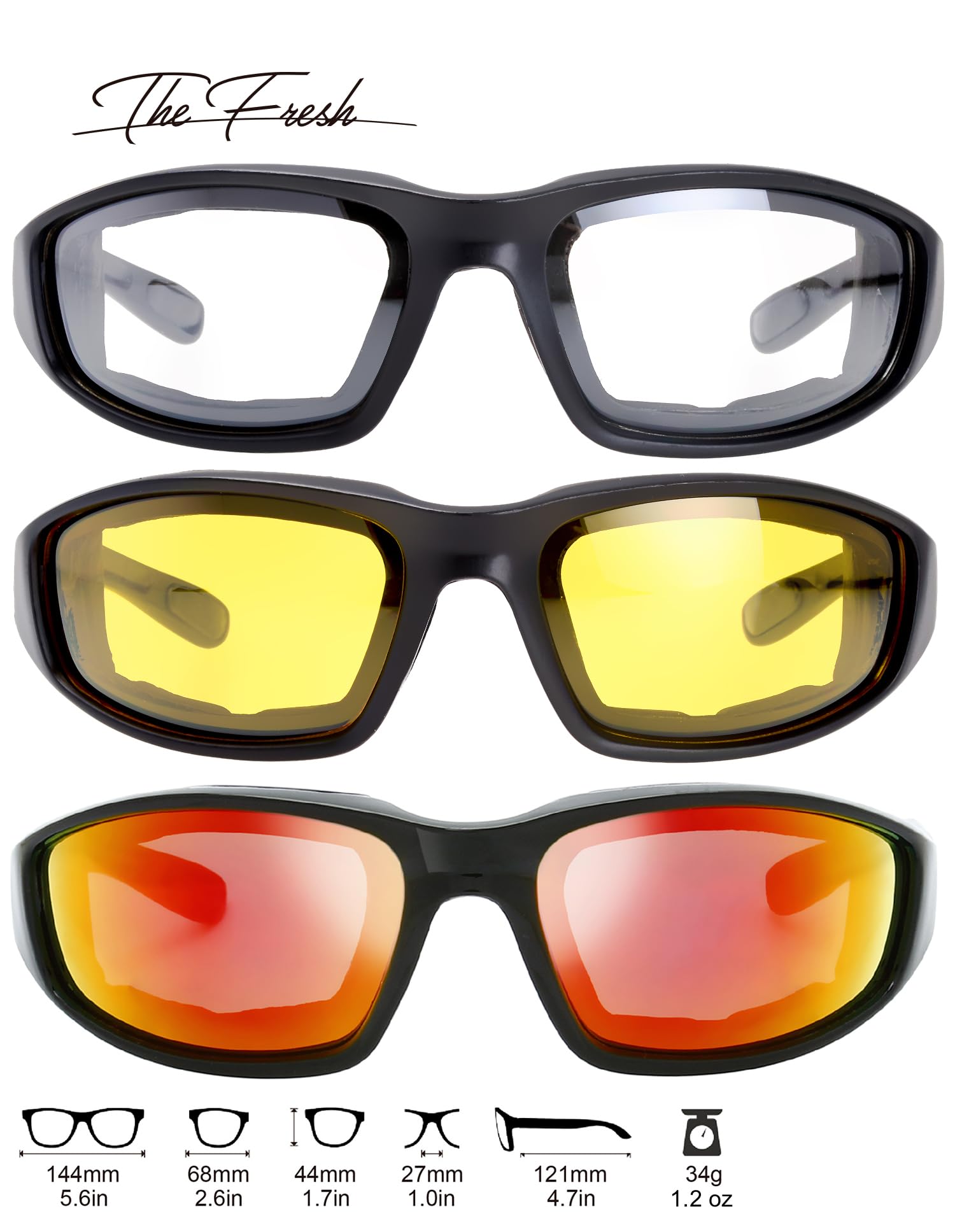 The Fresh Motorcycle Riding Glasses Padded Frame Lens Block 100% UVB for Outdoor Activity Sport (1407-Matte Black, Clear, Yellow