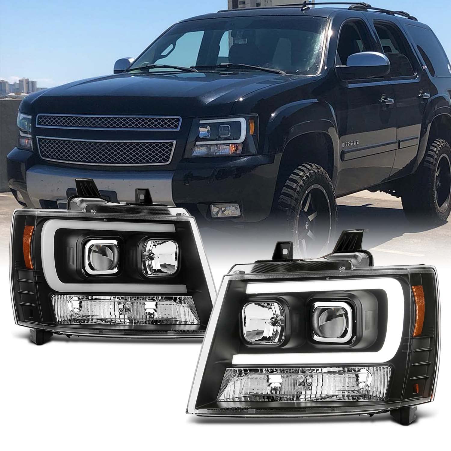 Akkon - For 2007-2014 Chevy Suburban | Tahoe | Avalanche Left + Right Black Led Drl Projector Head Lights Pair