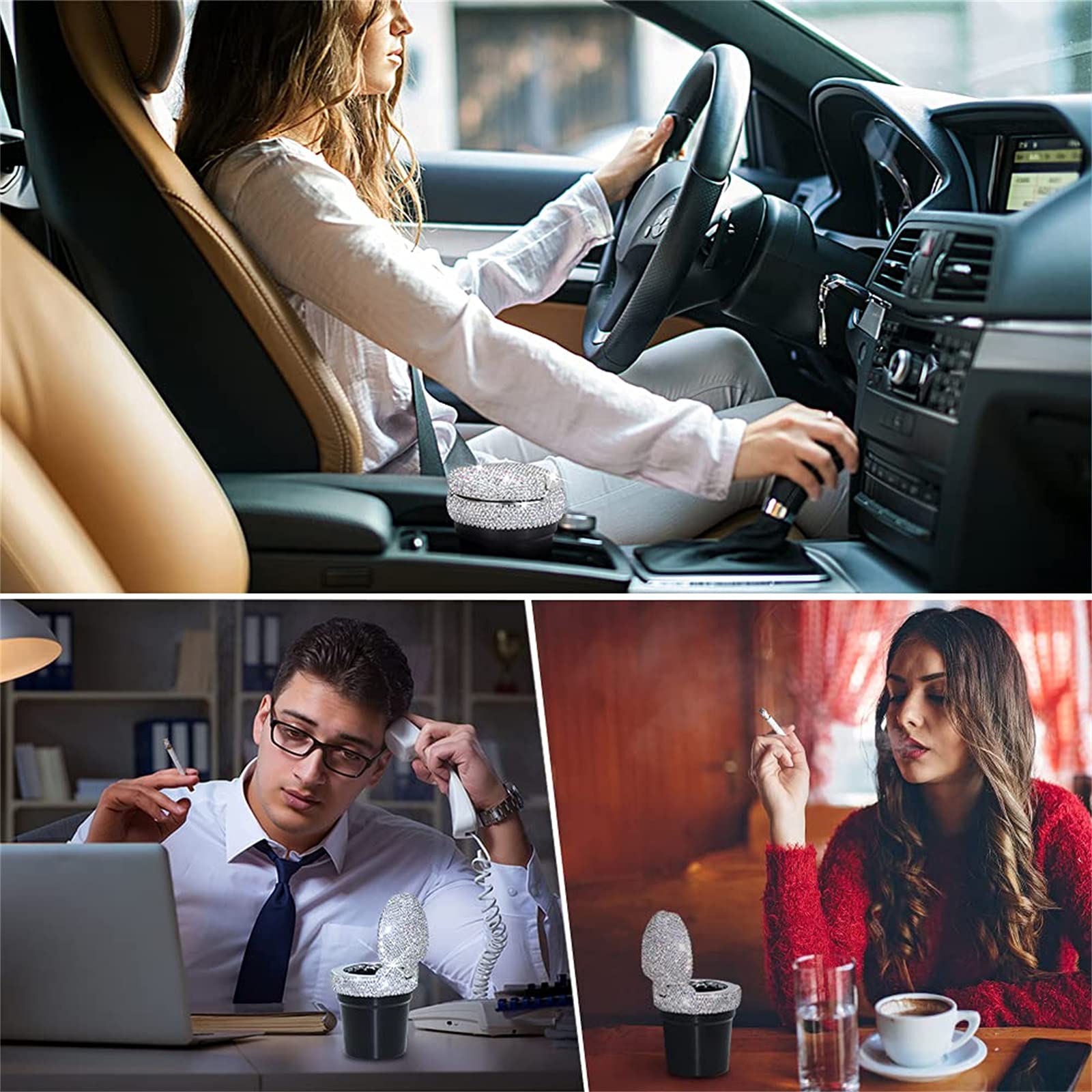 Eing Car Ashtray Portable Bling Cigarette Smokeless Cylinder Cup Holder With Blue Led Light Indicator,Car Accessories For Women,