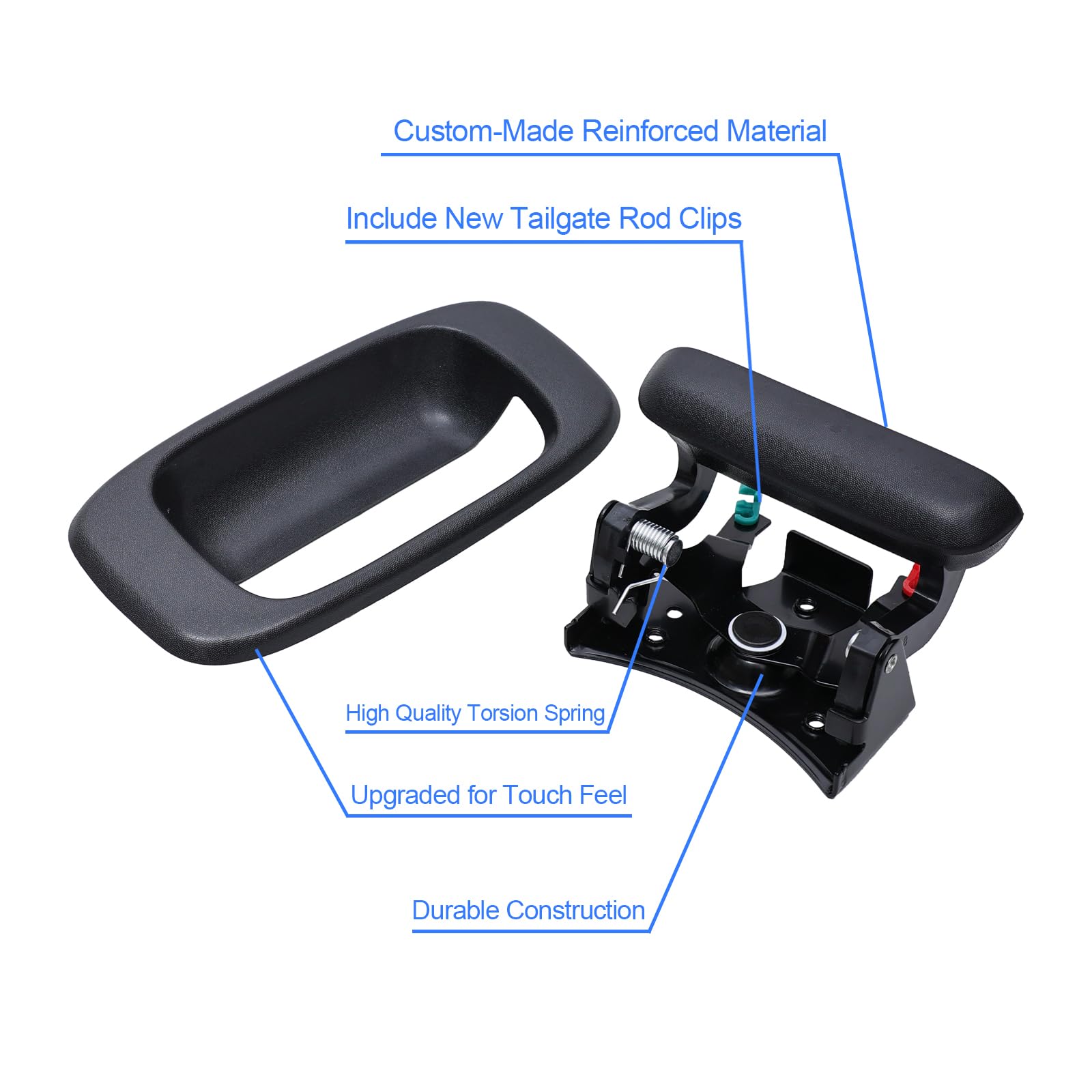 Aoerzn Premium Tailgate Handle Latch And Bezel Trim With Rod Clips, Fits For 1999-2007 Chevy Silverado Gmc Sierra 1500 2500 3500, Replaces# 15997911, 15228539, 15228540, 15228541