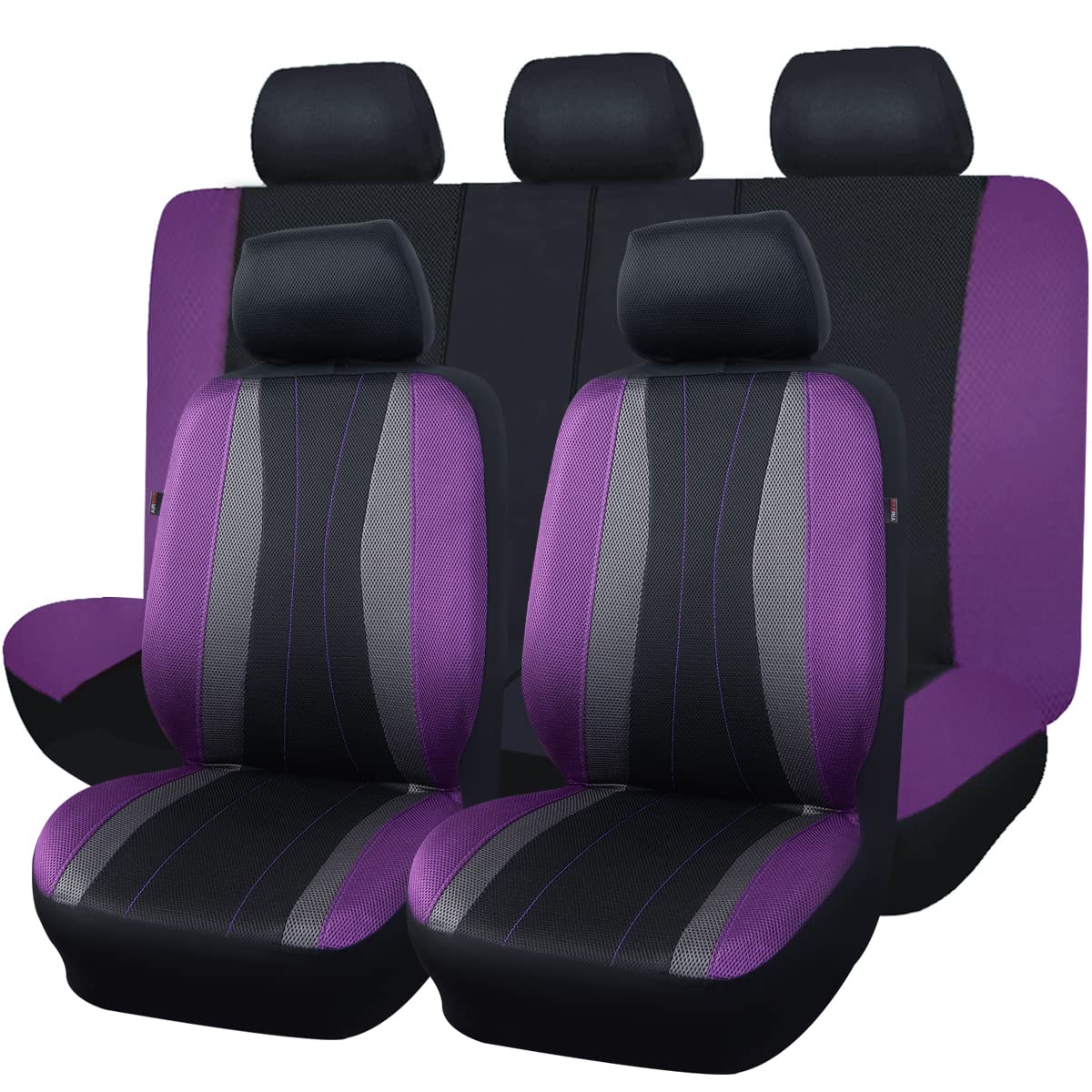 Flying Banner Car Seat Covers Full Set All Air Mesh Breathable Man Lady Airbag Compatible Rear Bench Split 40/60 50/50 60/40 Truck Pick Up (Full Set -- Low Back, Black Gray Purple)