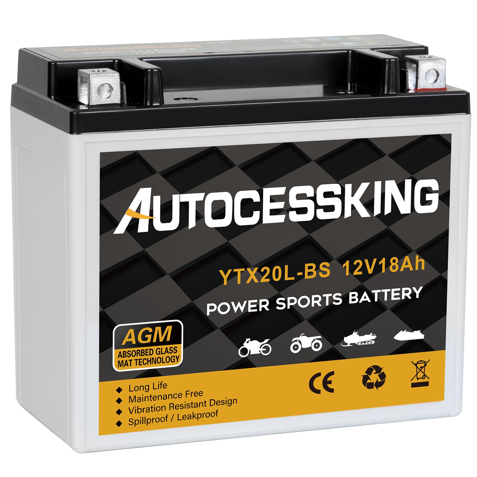 Autocessking Ytx20L-Bs 12V 18Ah Motorcycle Battery, Rechargeable Sealed Agm Battery Maintenance Free Powersport Replacement Batt