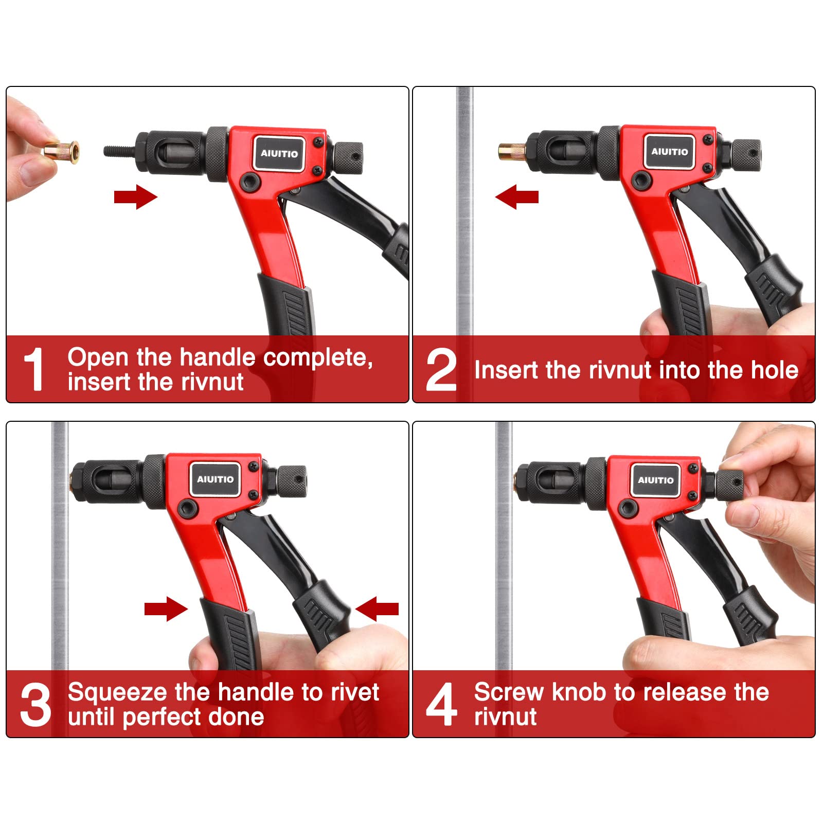 Aiuitio 8 Rivet Nut Tool, Rivnut Tool Kit With 9 Metric And Sae Mandrels, Nutsert Rivet Tool Set With 90Pcs Rivnuts, Sturdy Case Packed, Designed For Tight Space