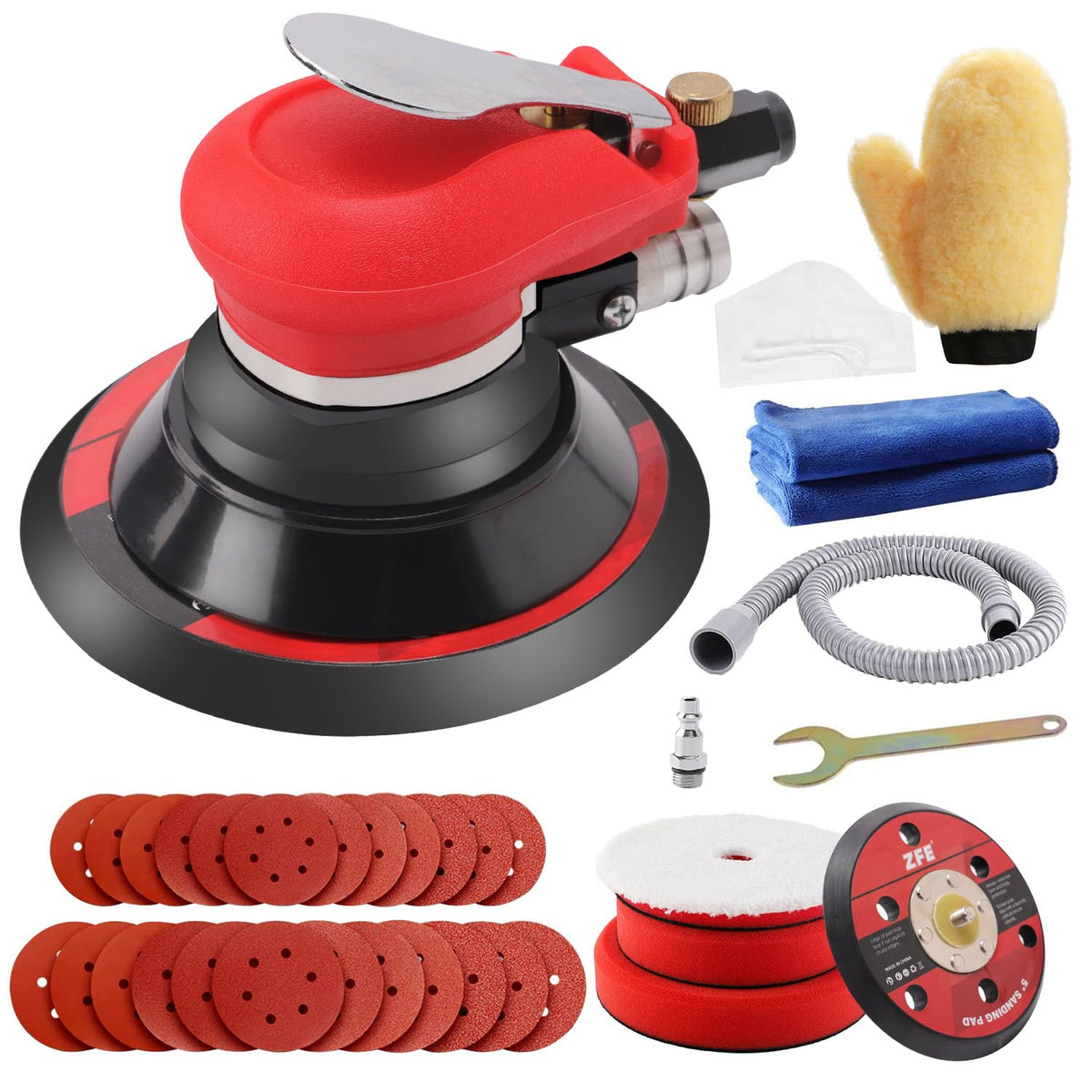 Zfe Random Orbital Sander 5'' & 6'' Pneumatic Palm Sander With Extra 5'' Backing Plate, Sponge Polishing Pads, Sandpapers Low Vi