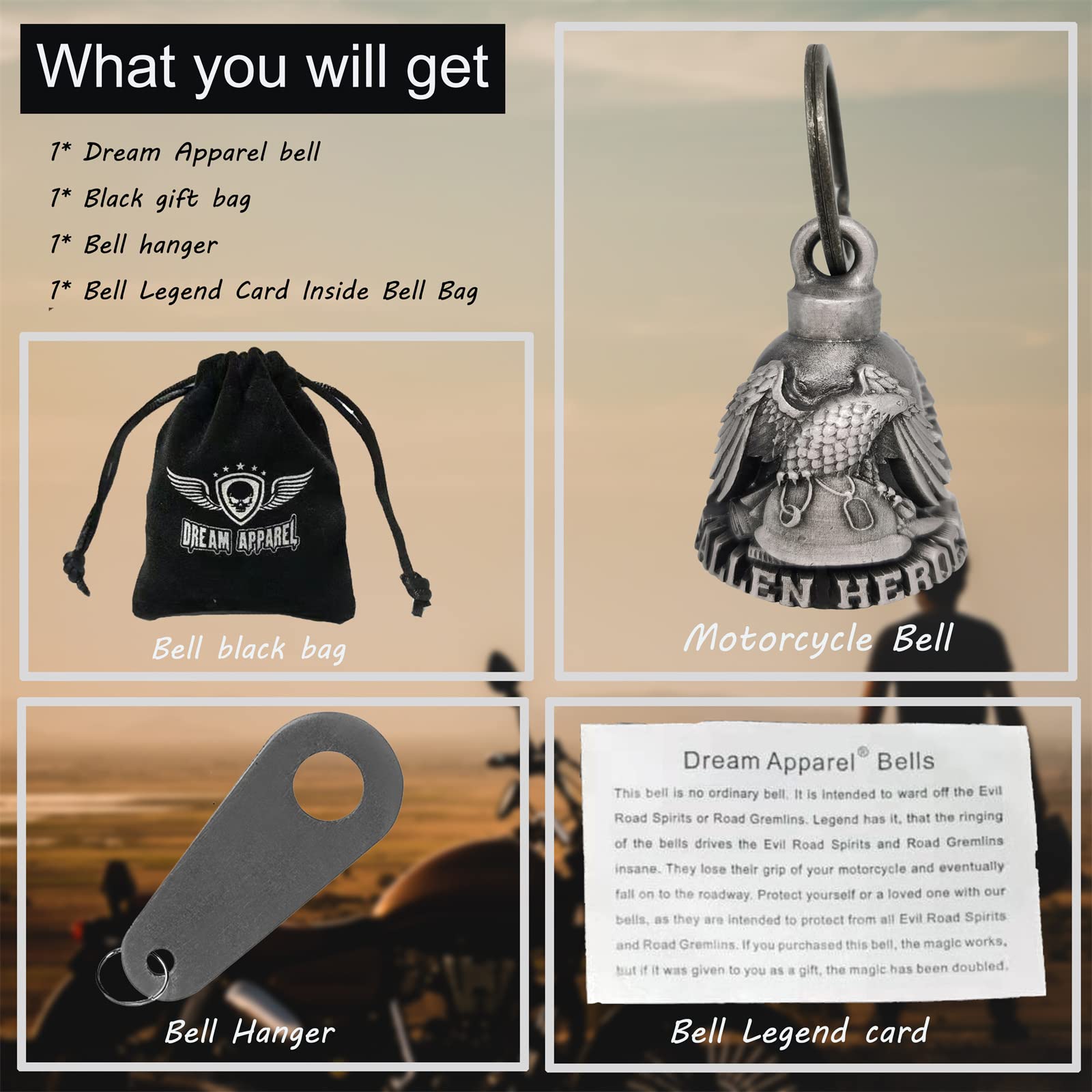 Dream Apparel Motorcycle ride bell for bikers,heavy spirit bells accessory and key chain for luck (DBL10-L eagle fallen heroes)