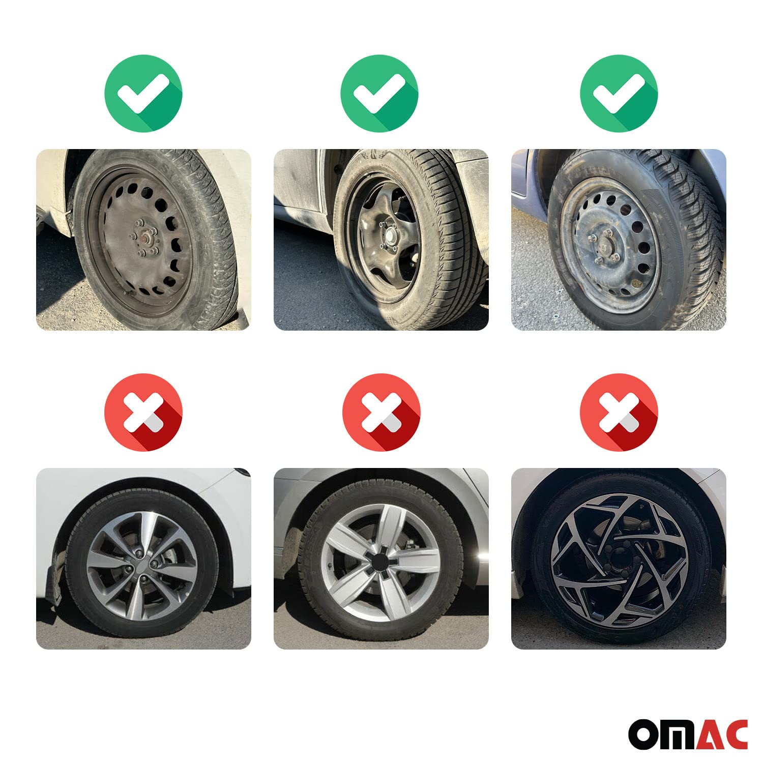 Omac - Abs Black Hub Caps 15 Inch Set Of 4, Tapas Para Rines 15, Premium Wheel Covers 15 Inch, R15 Rim Cover Set, Snap On Durabl