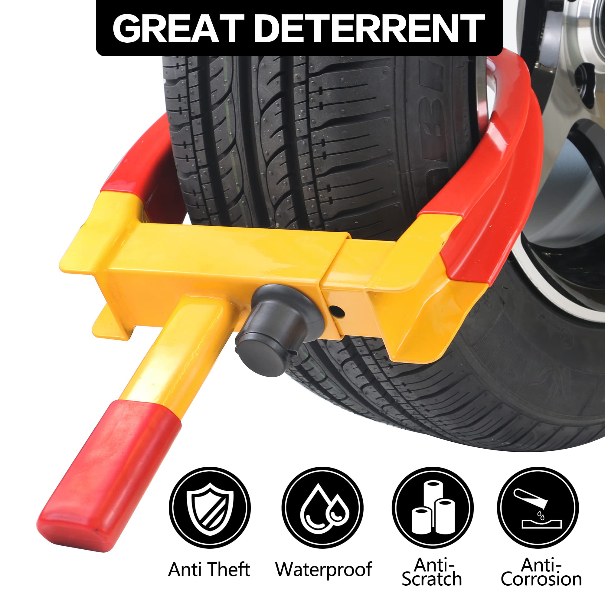 Kaycentop Universal Wheel Lock, Security Trailer Wheel Lock, Tire Lock Anti Theft For Trailers Golf Cart Suv Boat Atv Motorcycle Camper, 3 Keys (Yellow-Red)