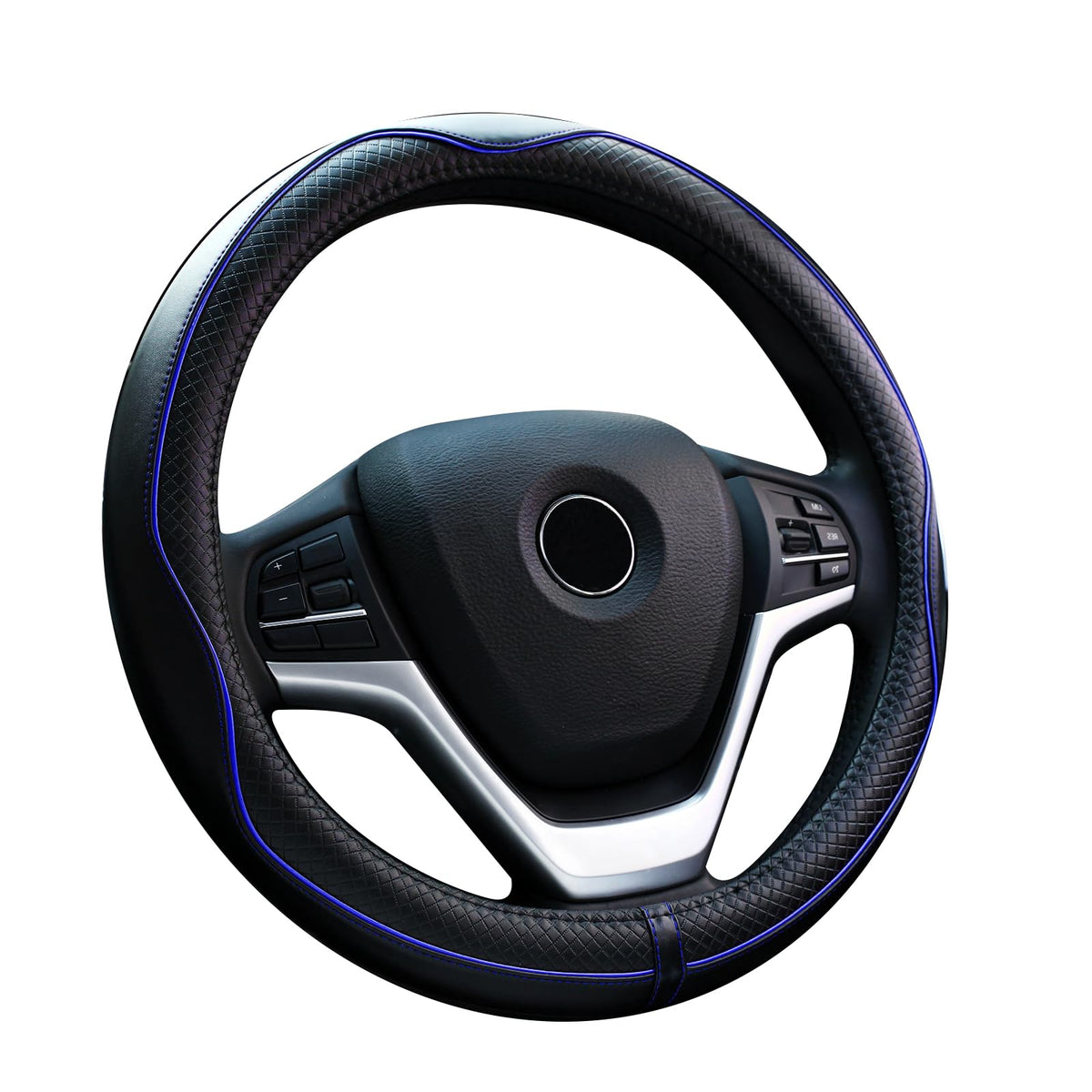 Valleycomfy Steering Wheel Covers Universal 15.75 Inch - Genuine Leather, Breathable, Anti Slip & Odor Free (Black With Blue Lin