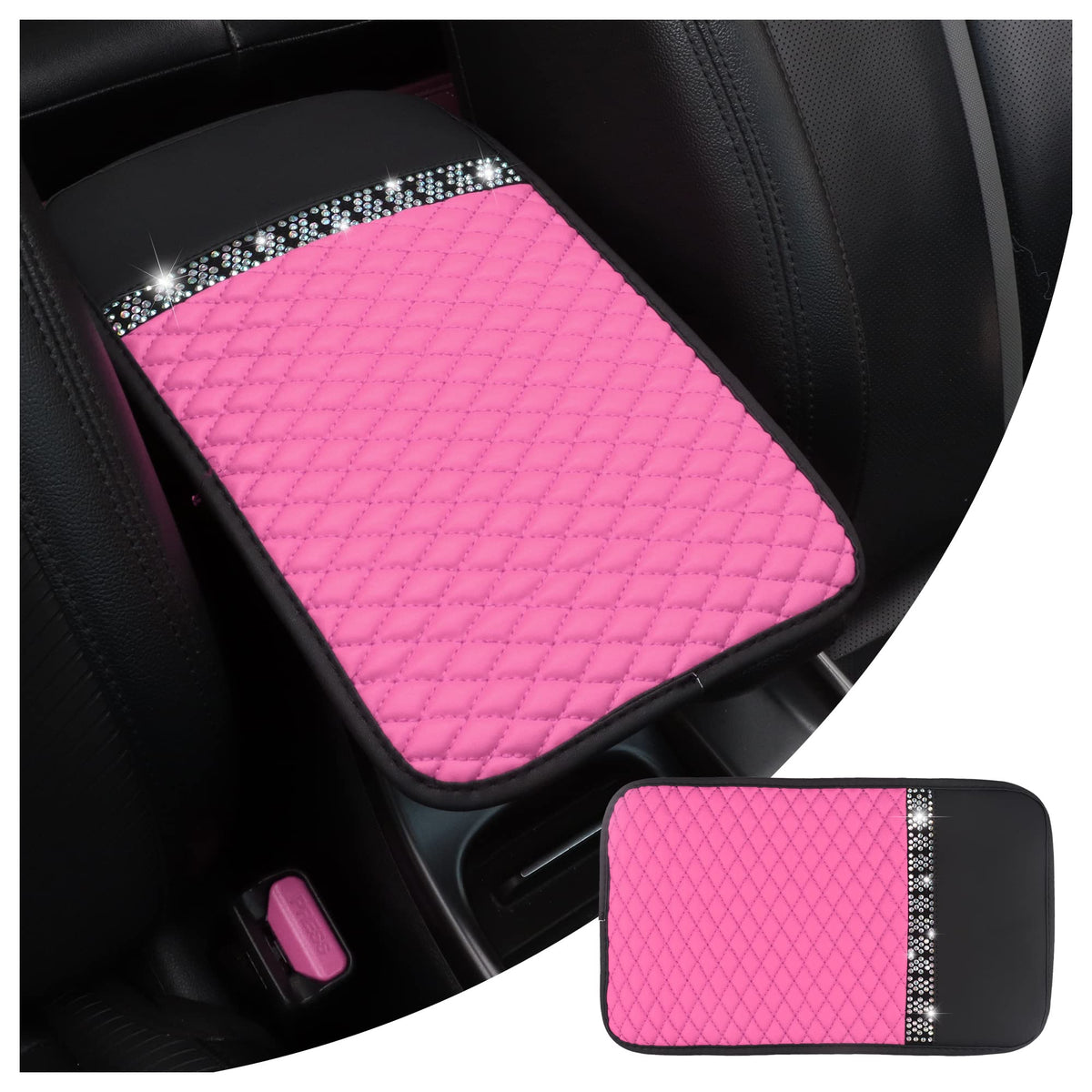 NHHC Bling Leather Car Armrest Box Cover,Car Center Console Protector with Colorful Crystal Rhinestones,Anti-Scratch Waterproof 