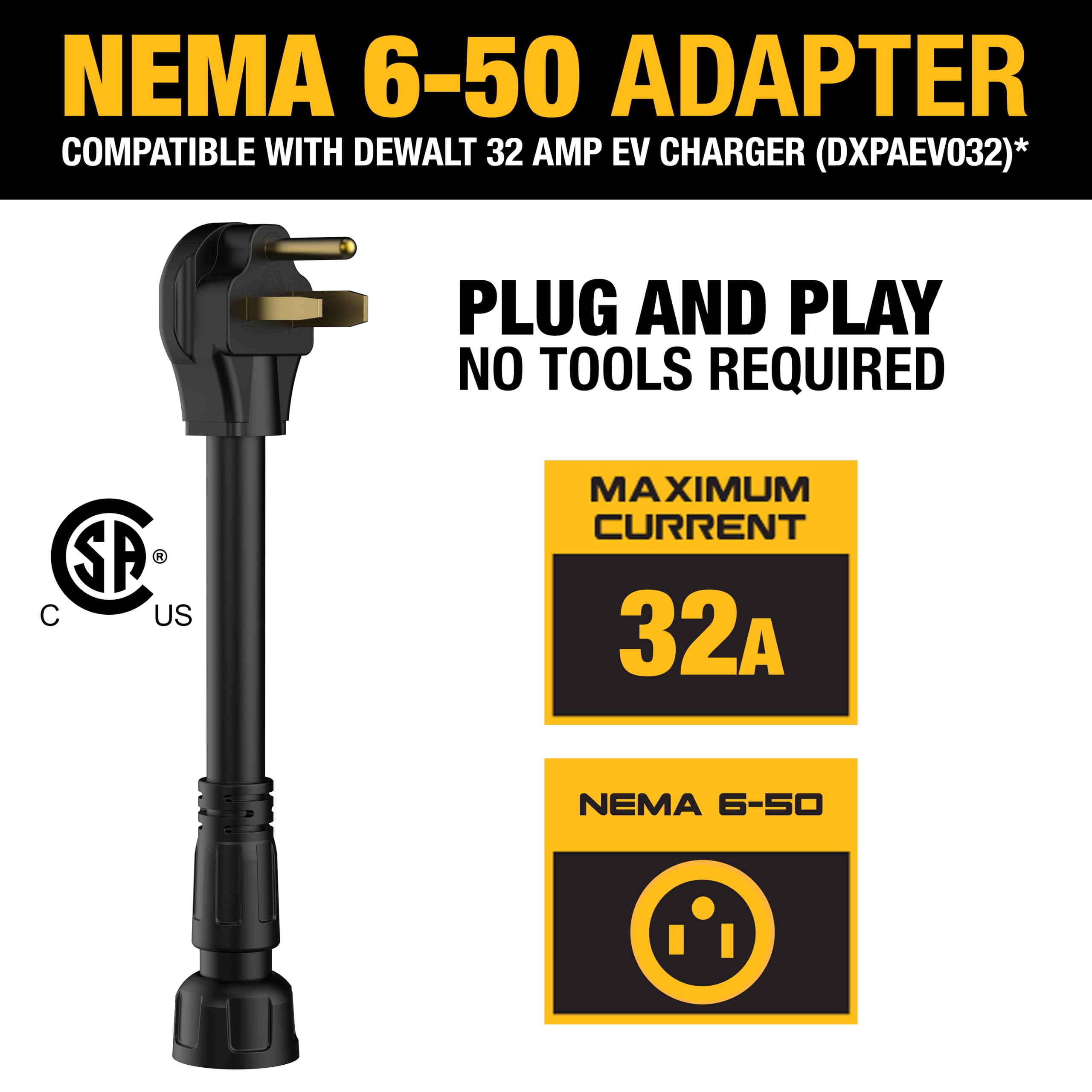 DEWALT NEMA 6-50 Adapter, 32A/2400V, Compatible 32 Amp Portable EV Charger, High Power Connector, Easy to Connect, No Tools Requ