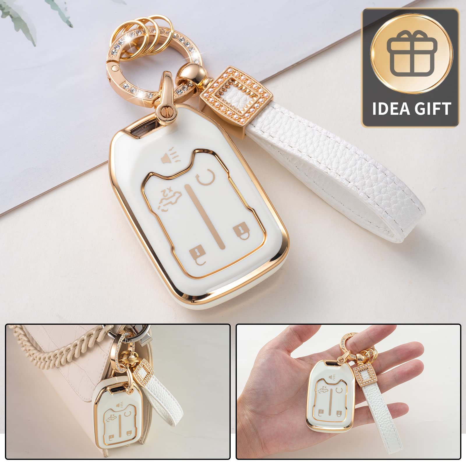 Cacarlike For Gmc Key Fob Cover With Leather Lanyard, Car Key Fob Case Compatible With Chevy Silverado Gmc Sierra 1500 2500Hd 35