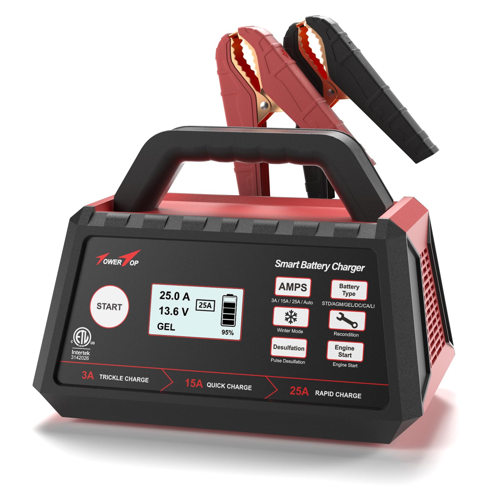 Towertop 3/15/25 Amp Car Battery Charger, 12V Fully Automatic Smart Battery Maintainer With Engine Start, Auto Desulfator, Battery Repair, For All Lead-Acid And Lifepo4 Batteries
