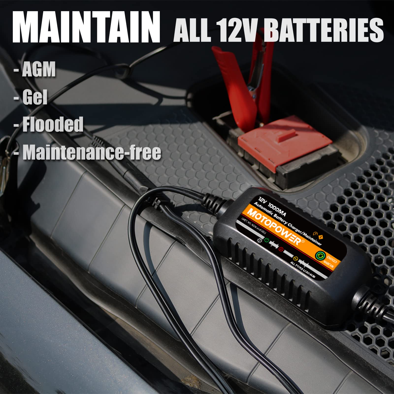 Motopower Mp00205B 12V 1000Ma Automatic Battery Charger, Battery Maintainer, Trickle Charger, And Battery Desulfator With Timer Protection - Black Edition