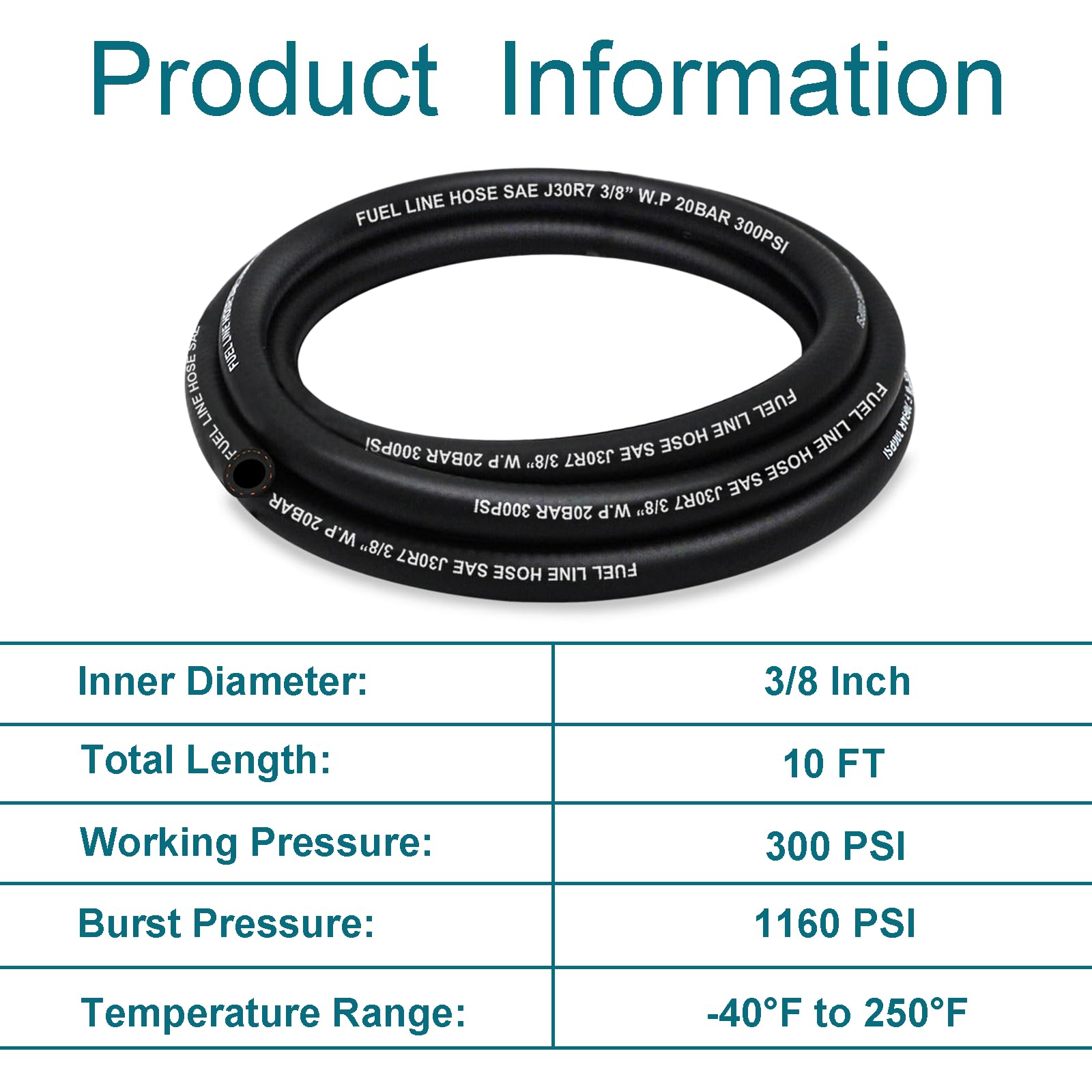 Housun Fuel Line 3/8 Inch Id, Fuel Hose 10Ft, J30R7 Fuel Line Hose Nbr With 10 Clamps.