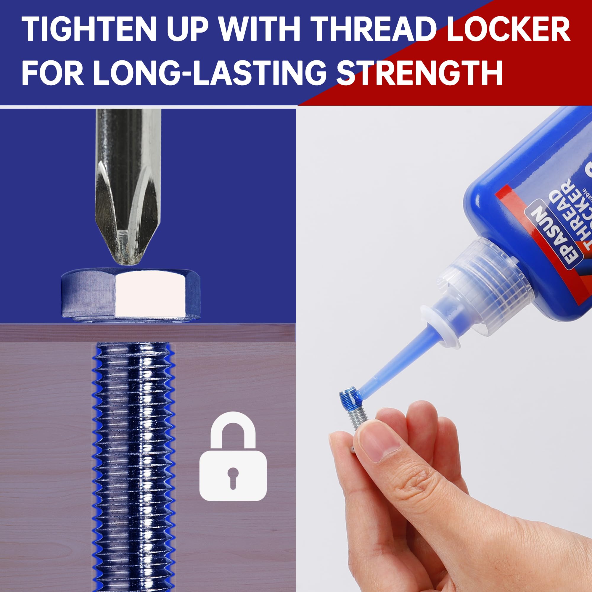 Epasun Threadlocker Blue And Red, 50Mlx2 Thread Lock Medium And Strong Strength Lock Tight For Nuts, Bolts, Fasteners, And Metal
