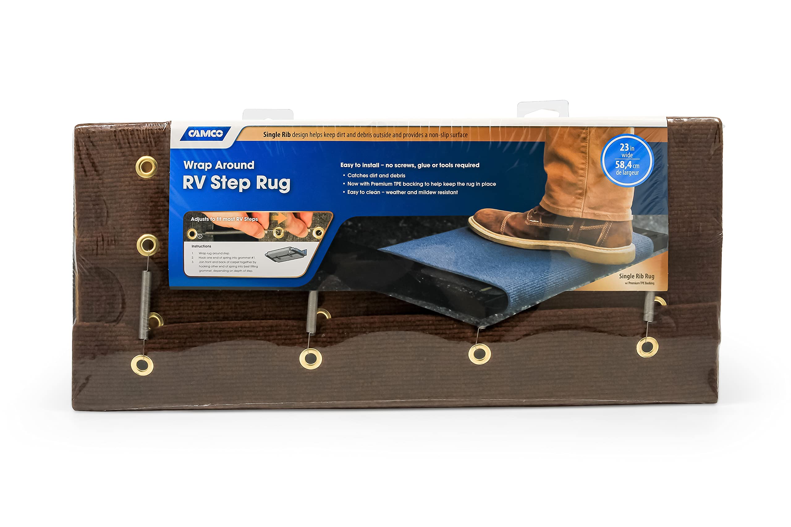 Camco Premium Single Rib Wrap Around Camper/Rv Step Rug - Compatible W/Manual Or Electric Rv Steps - Features Adjustable Design