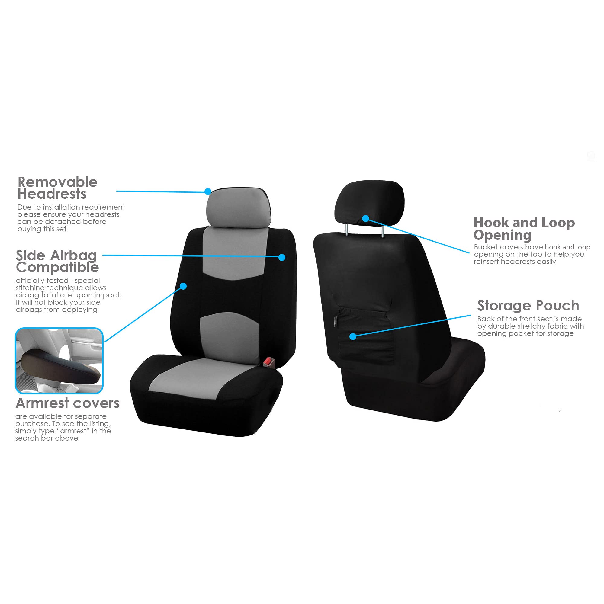 FH Group Front Set Cloth Car Seat Covers for Low Back Seats with Removable Headrest, Universal Fit, Airbag Compatible Car Seat Cover for SUV, Sedan, Van, Gray